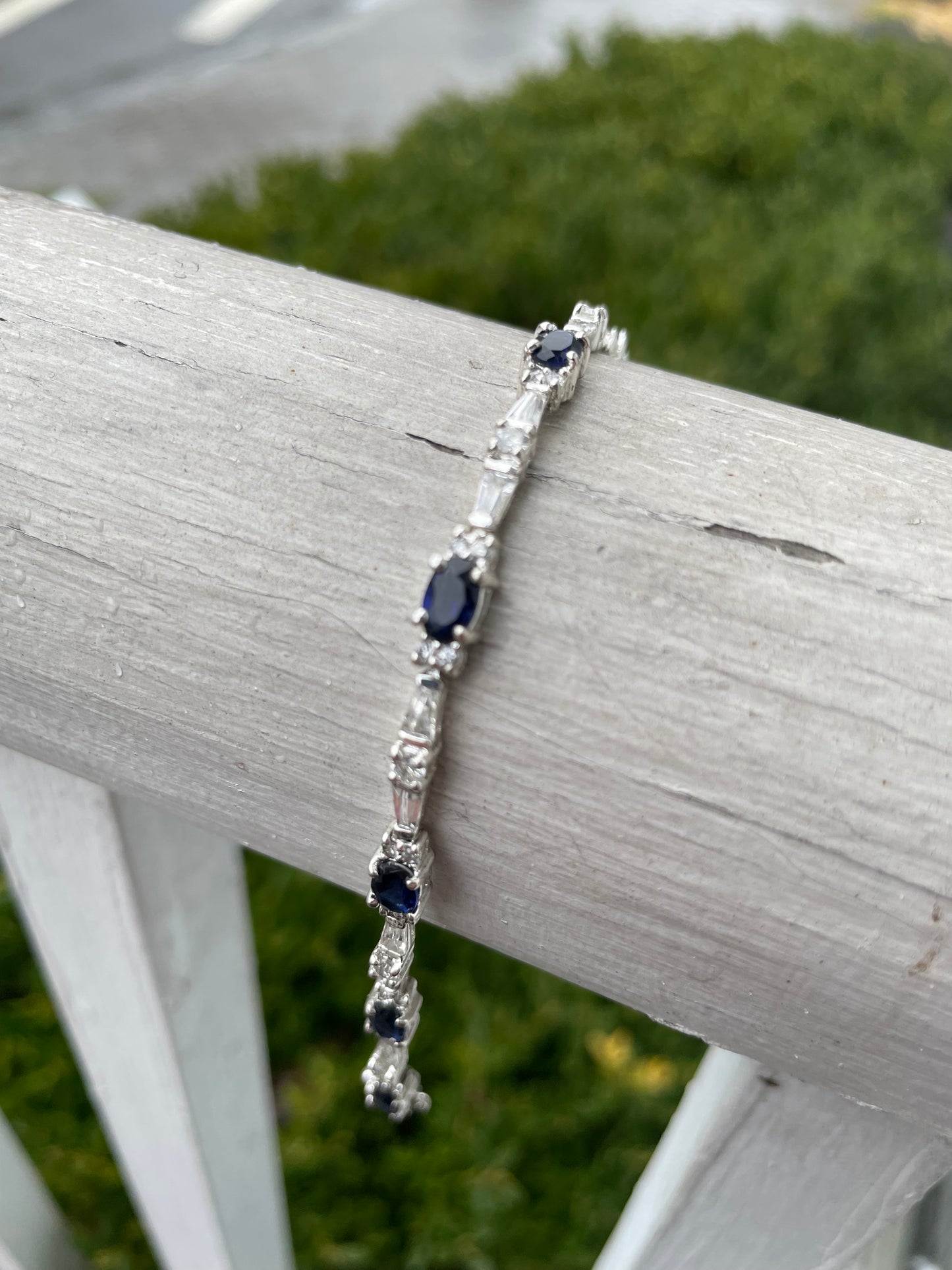 925 Sterling Silver Synthetic Sapphire & Clear Zirconia Tennis Bracelet