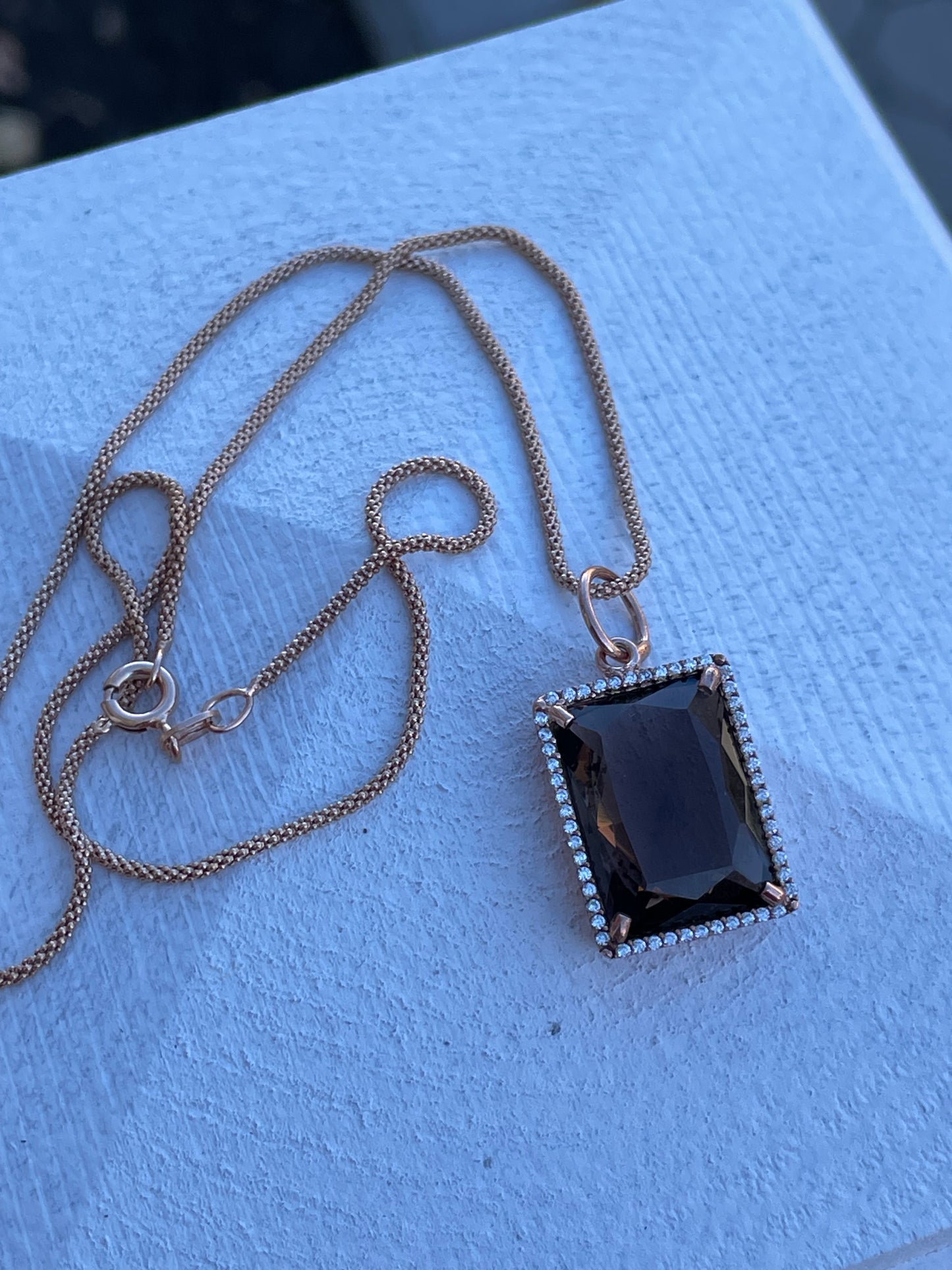 925 Sterling Silver Rose Vermeil Rectangle Smoky Quartz Necklace