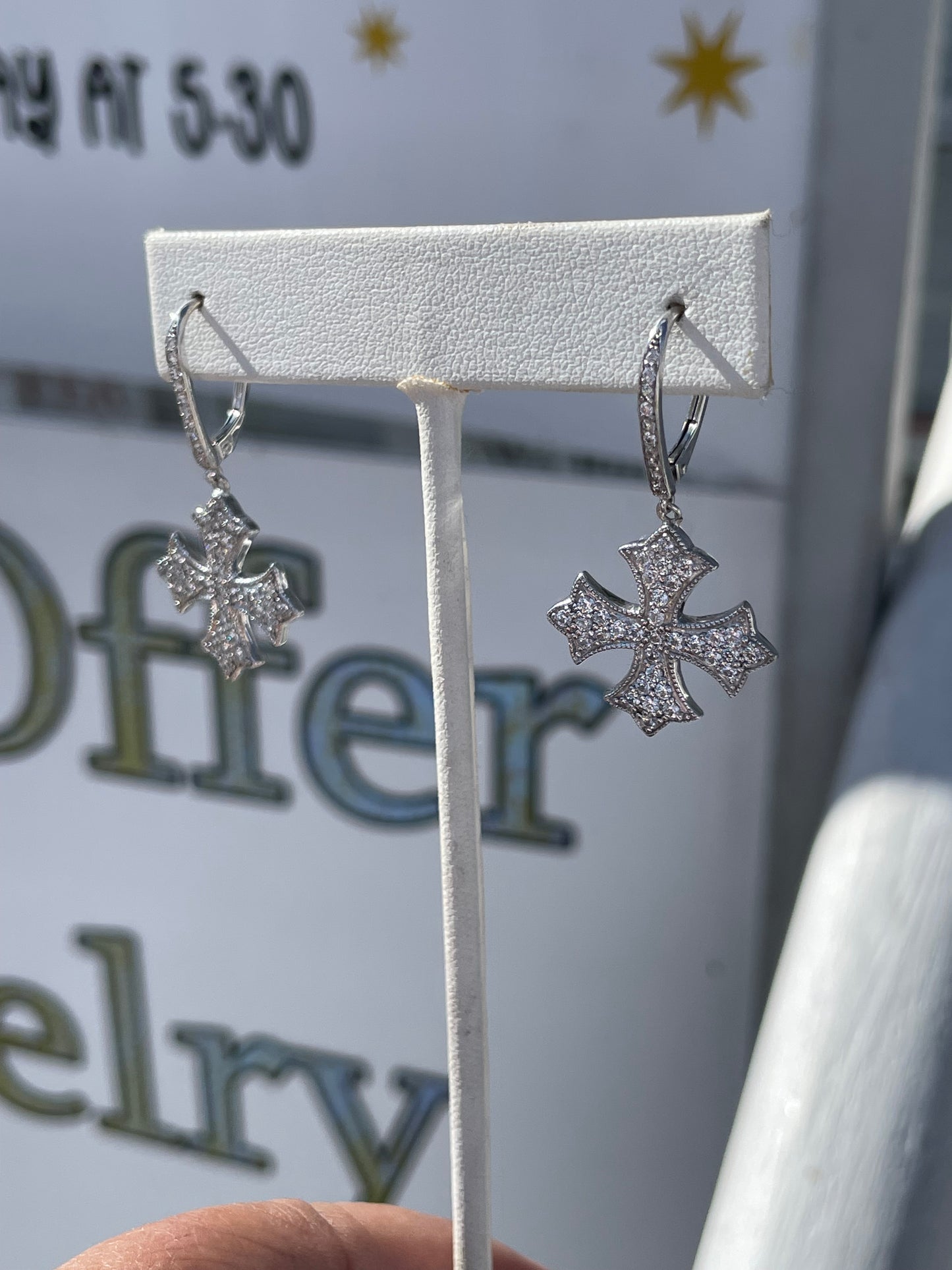 925 Sterling Silver Sparkling Iron Cross Dangle Earrings Signed DE