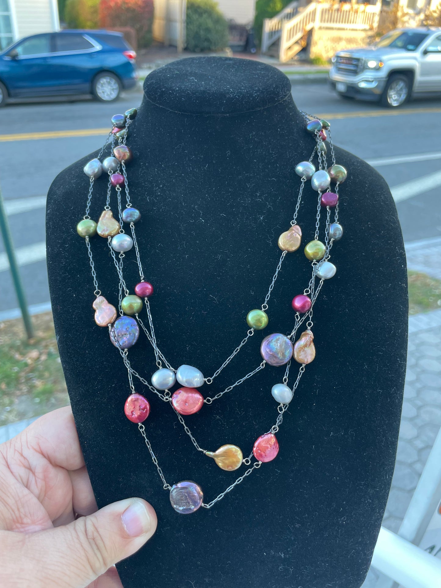 925 Sterling Silver Multi Colored Mother of Pearl Tiered Necklace