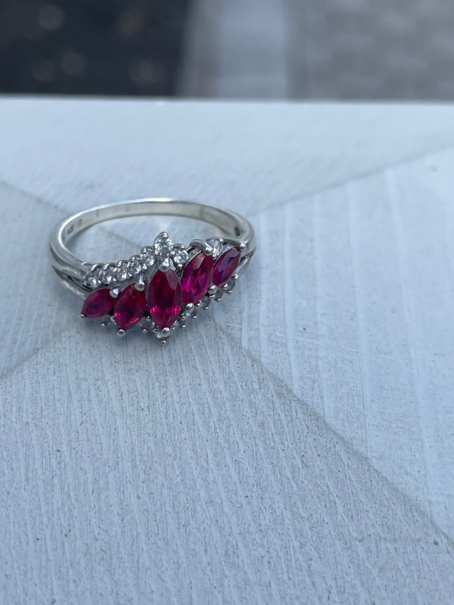925 Sterling Silver Synthetic Ruby & Clear Zirconia Cluster Band Ring