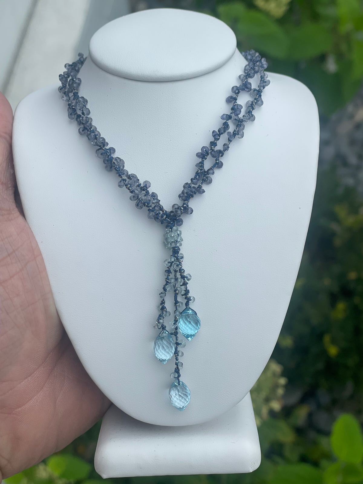 Blue Topaz & Tanzanite Beaded Drop Necklace 15”