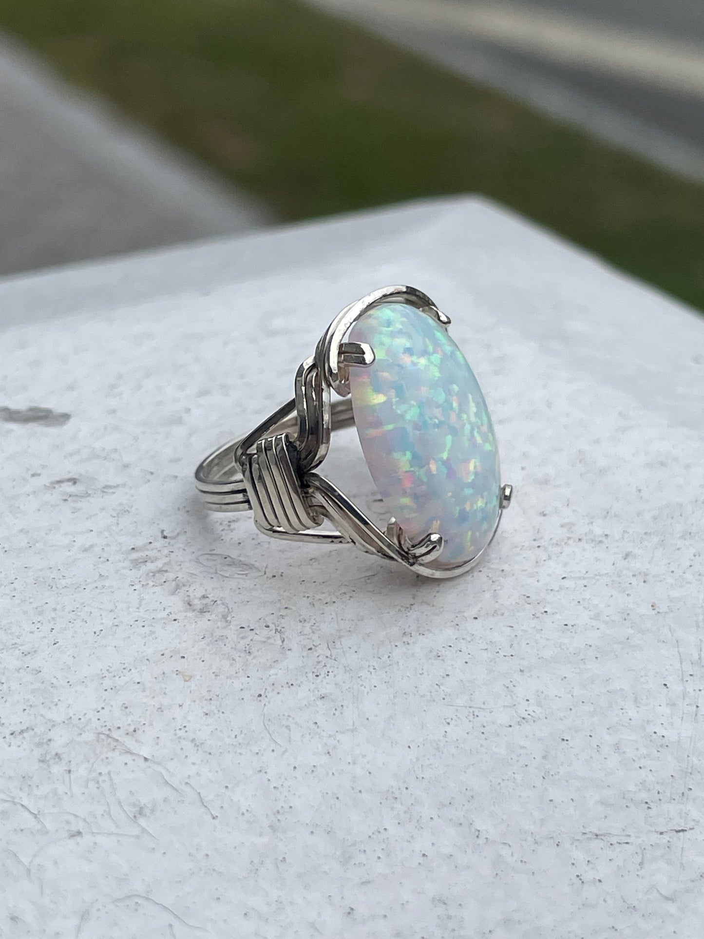 925 Sterling Silver Large Oval Opal Ring Size 5