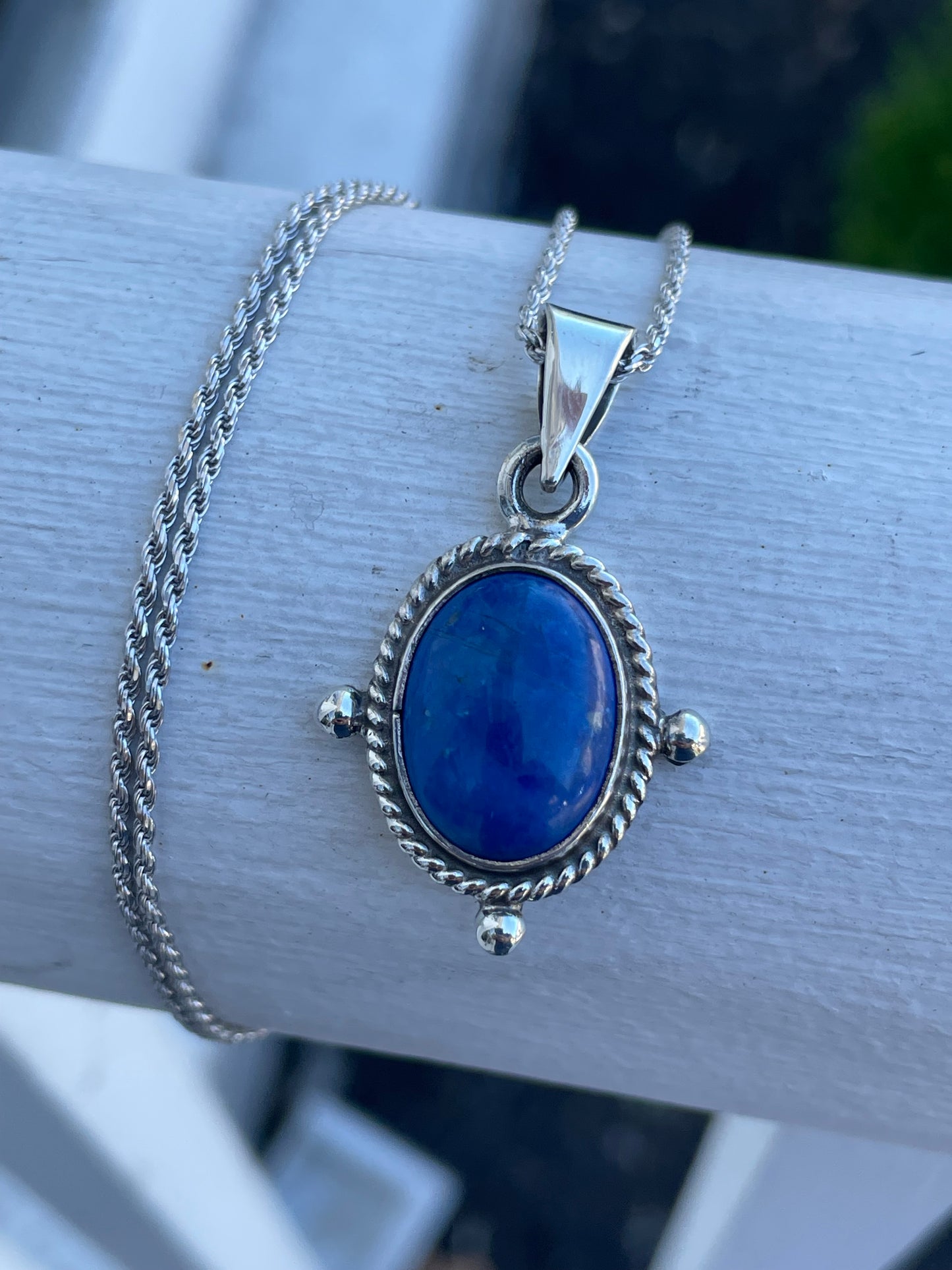 925 Sterling Silver Lapis Lazuli South American Necklace with 20” Rope Chain