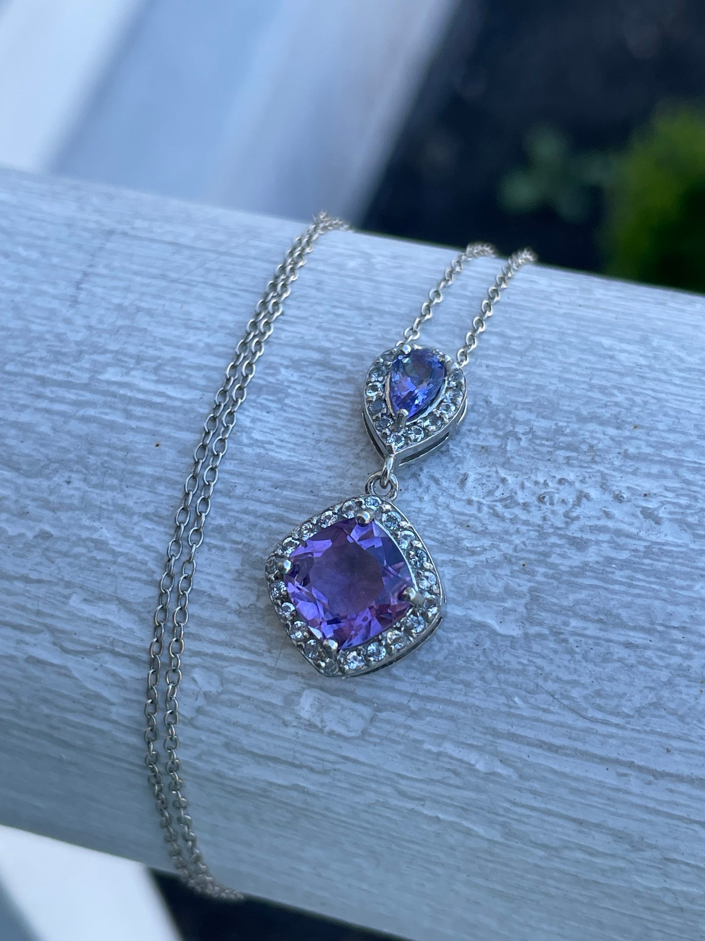 925 Sterling Silver Tanzanite & Amethyst Drop Necklace