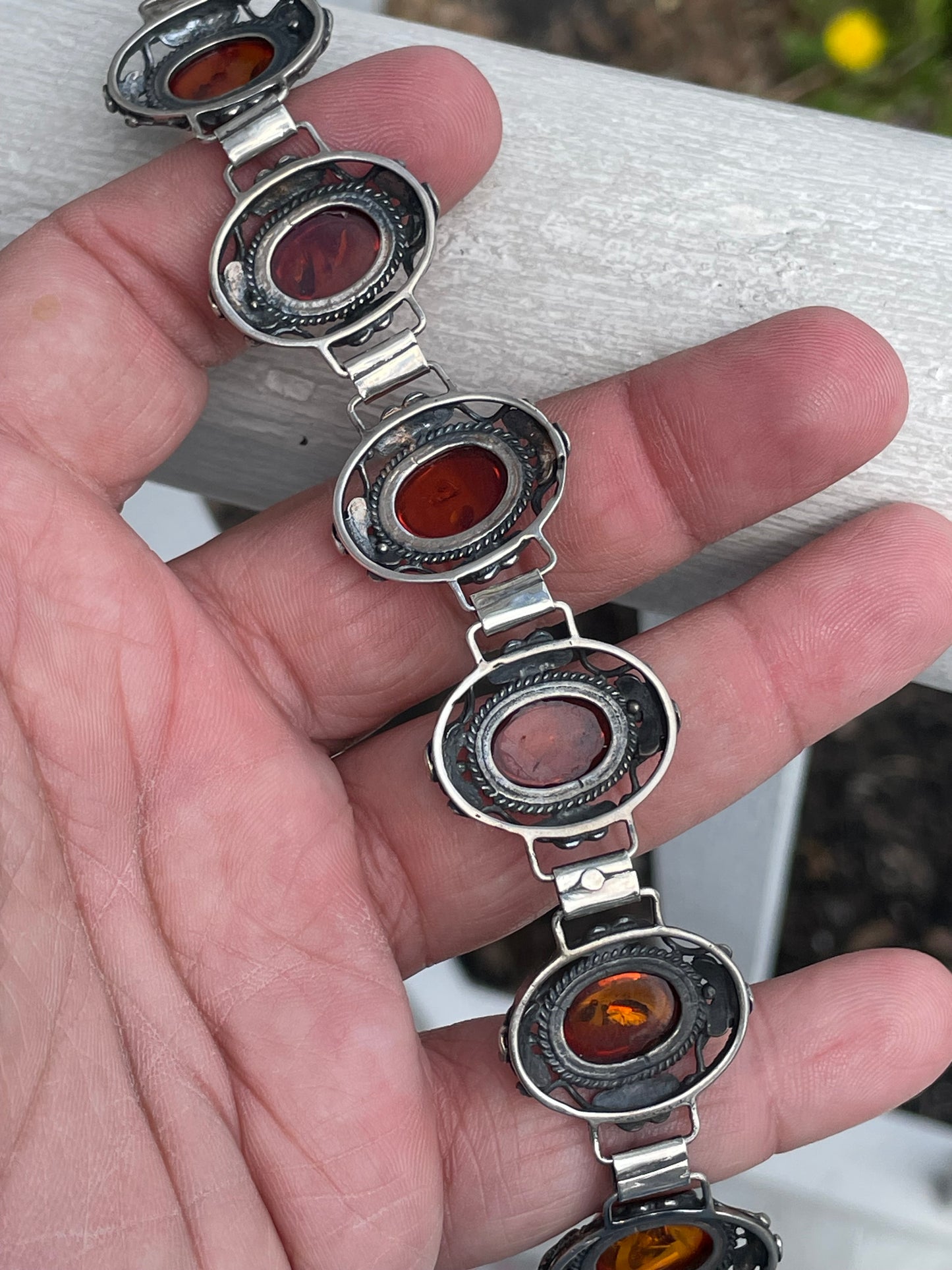 925 Sterling Silver Handmade Amber Filigree Bracelet 7.5”