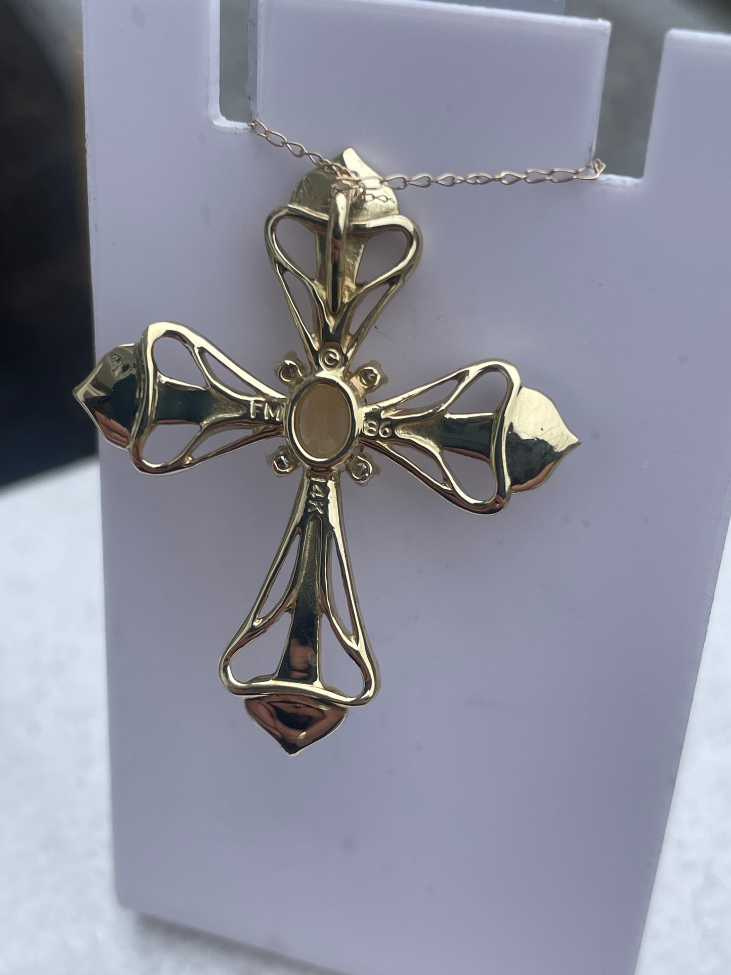 14k Gold Citrine Diamond & Purple Enamel Fancy Cross Necklace Signed FM 86.