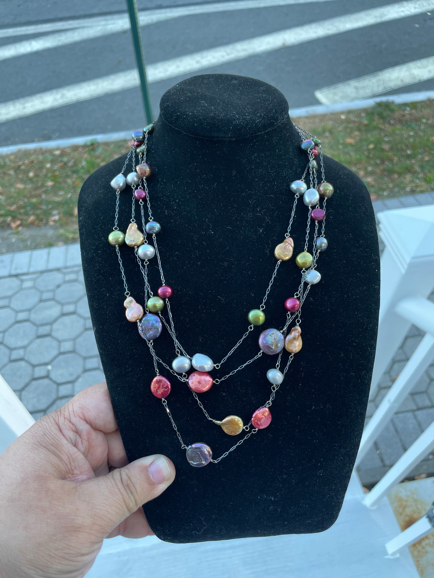 925 Sterling Silver Multi Colored Mother of Pearl Tiered Necklace