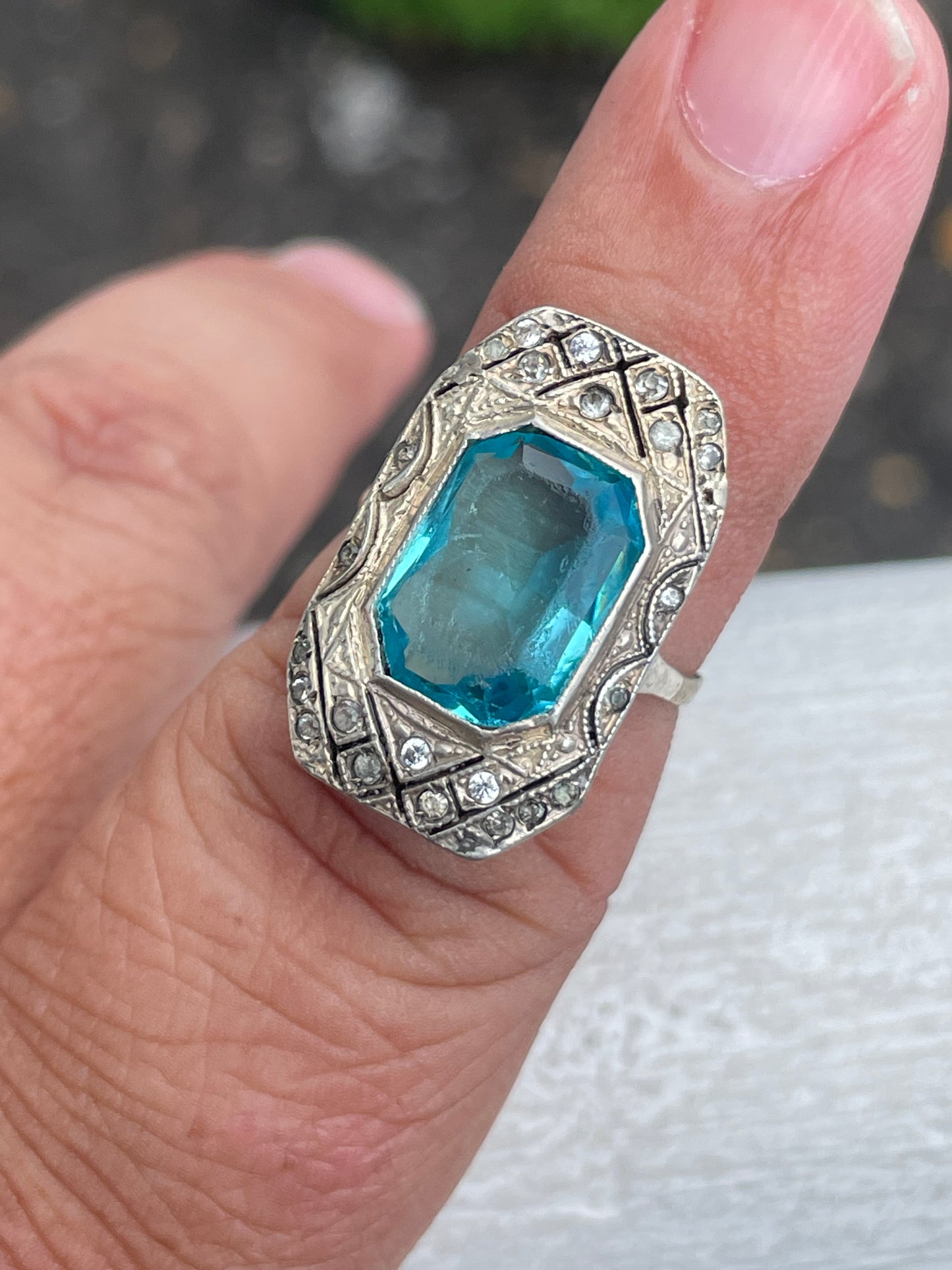 925 Sterling Silver Antique Blue Topaz & Marcasite Art Deco Ring