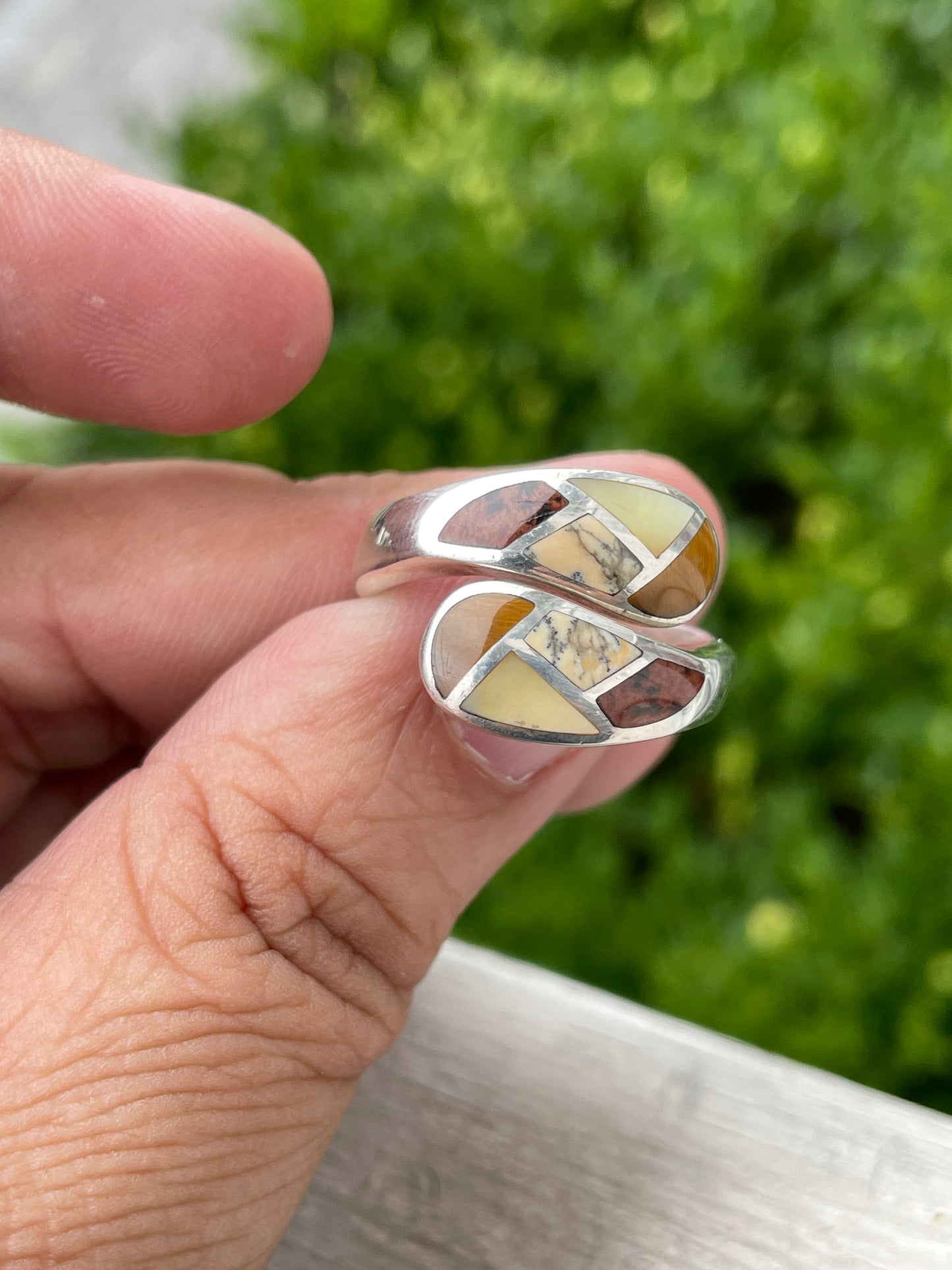 925 Sterling Silver Multi-Stone Inlay Bypass Ring sz 9