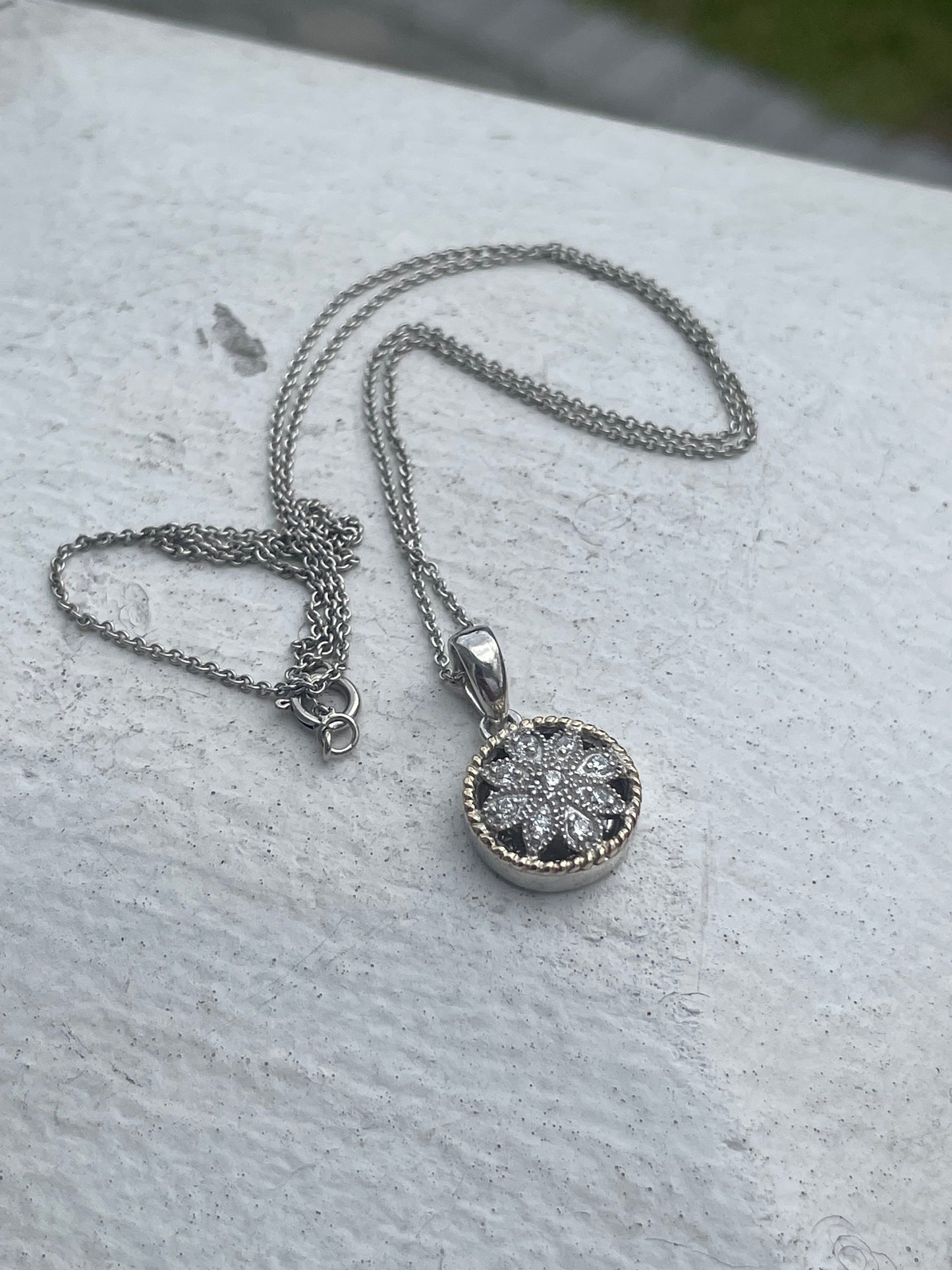 Designer ATR 925 & 14k Gold Natural Diamond Petite Round Floral Necklace