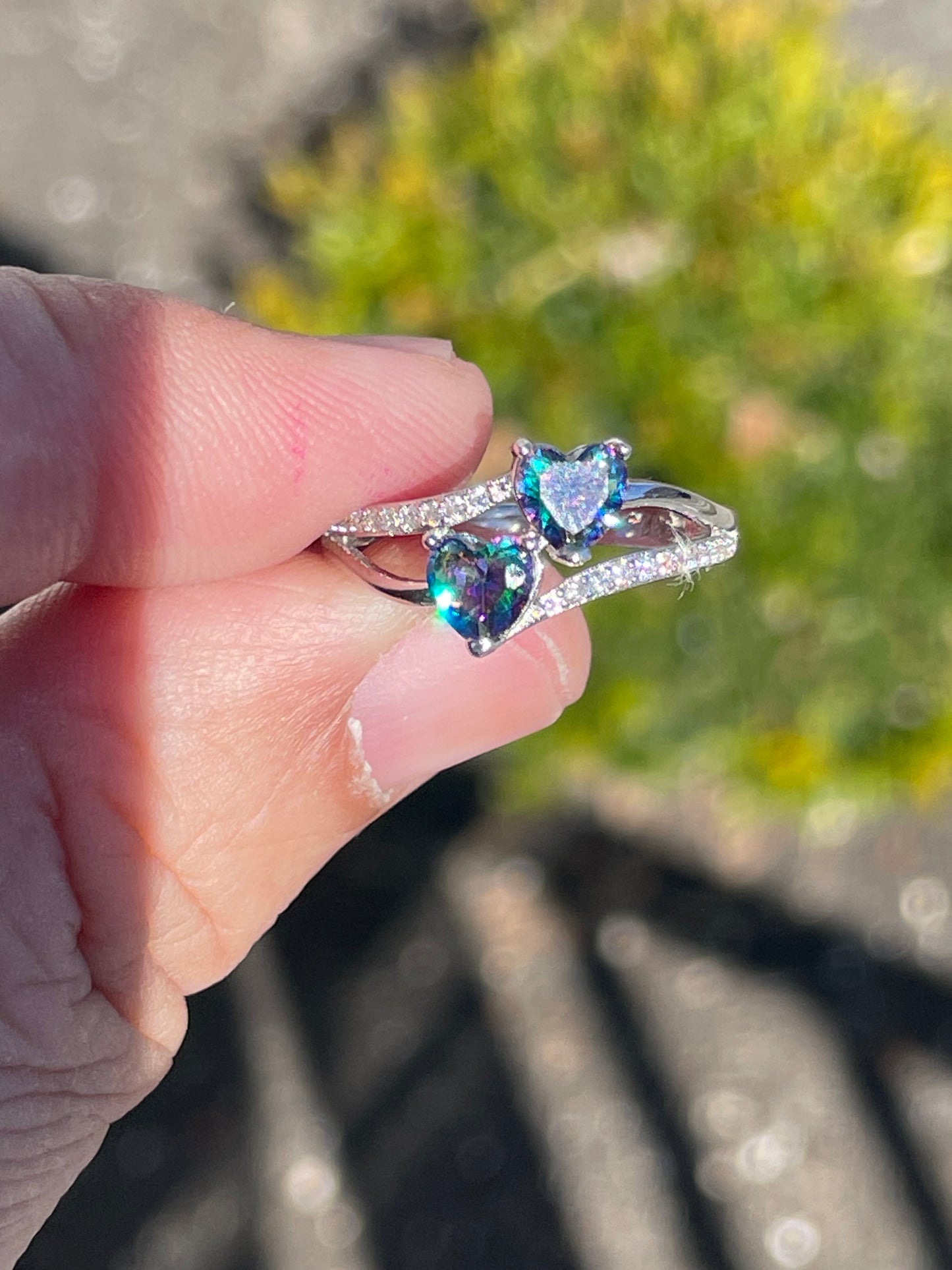 925 Sterling Silver Mystic Topaz & Cz Double Heart Cluster Ring Size 6