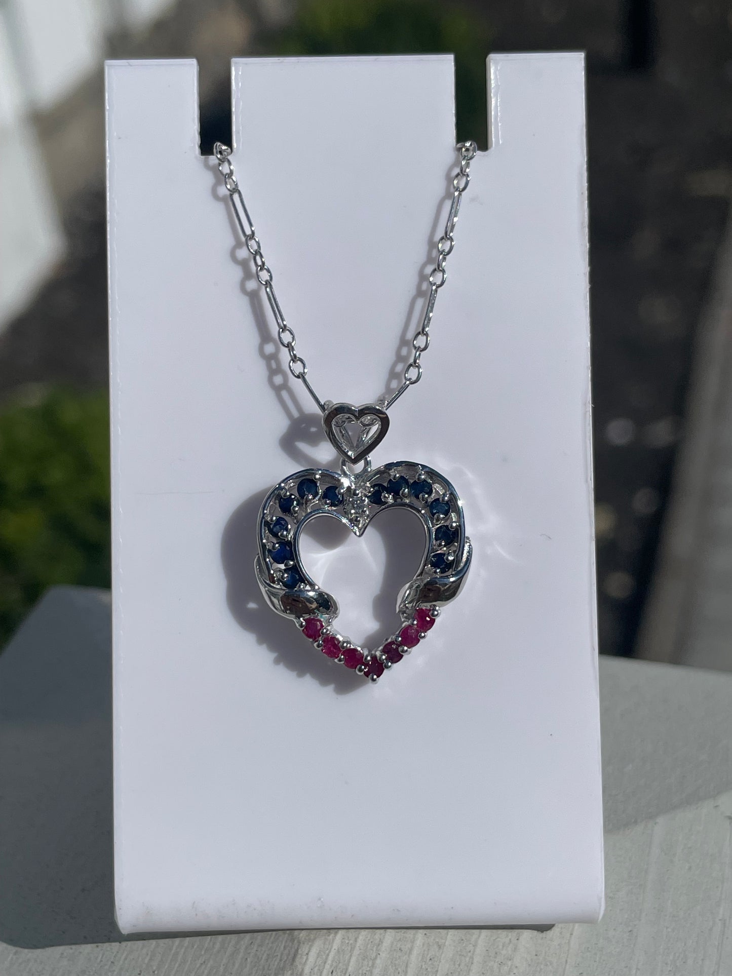 14k White Gold Natural Sapphire Ruby & Diamond Open Heart Necklace