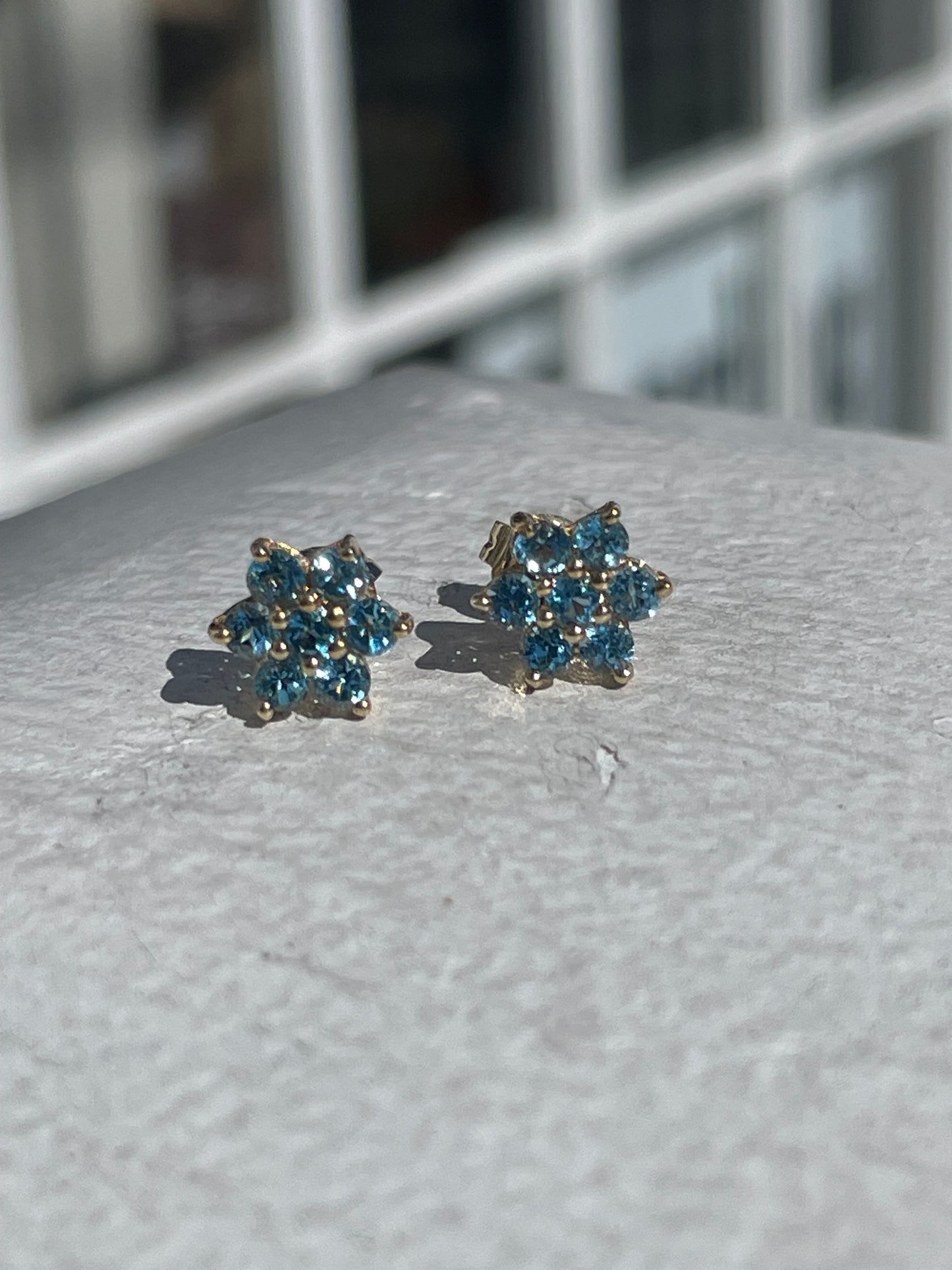 14k Blue Topaz Flower Cluster Earrings