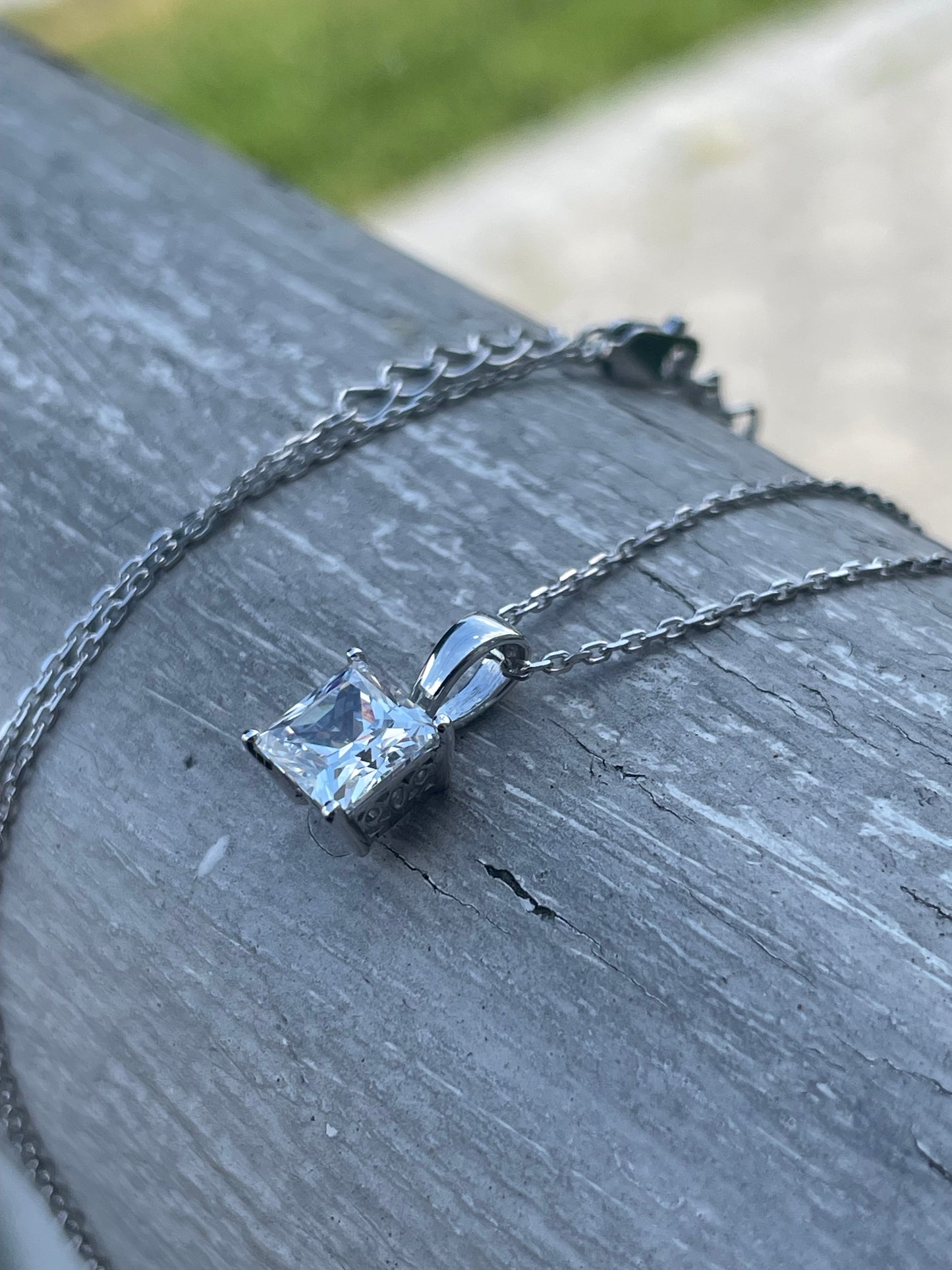 925 Sterling Silver 1.00 Clear Zirconia or Opalite Princess Cut Solitaire Necklace