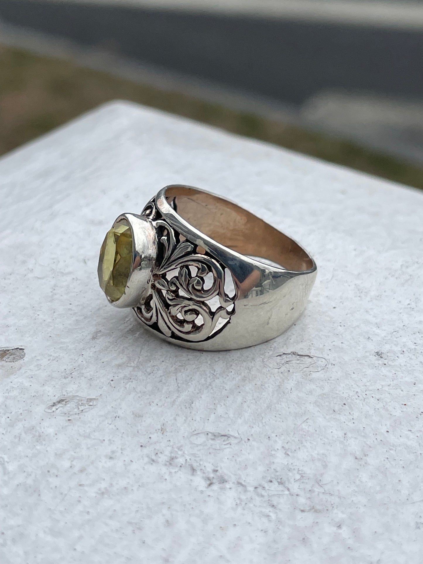925 Sterling Silver Natural Lemon Citrine Filigree Band Ring Size 7