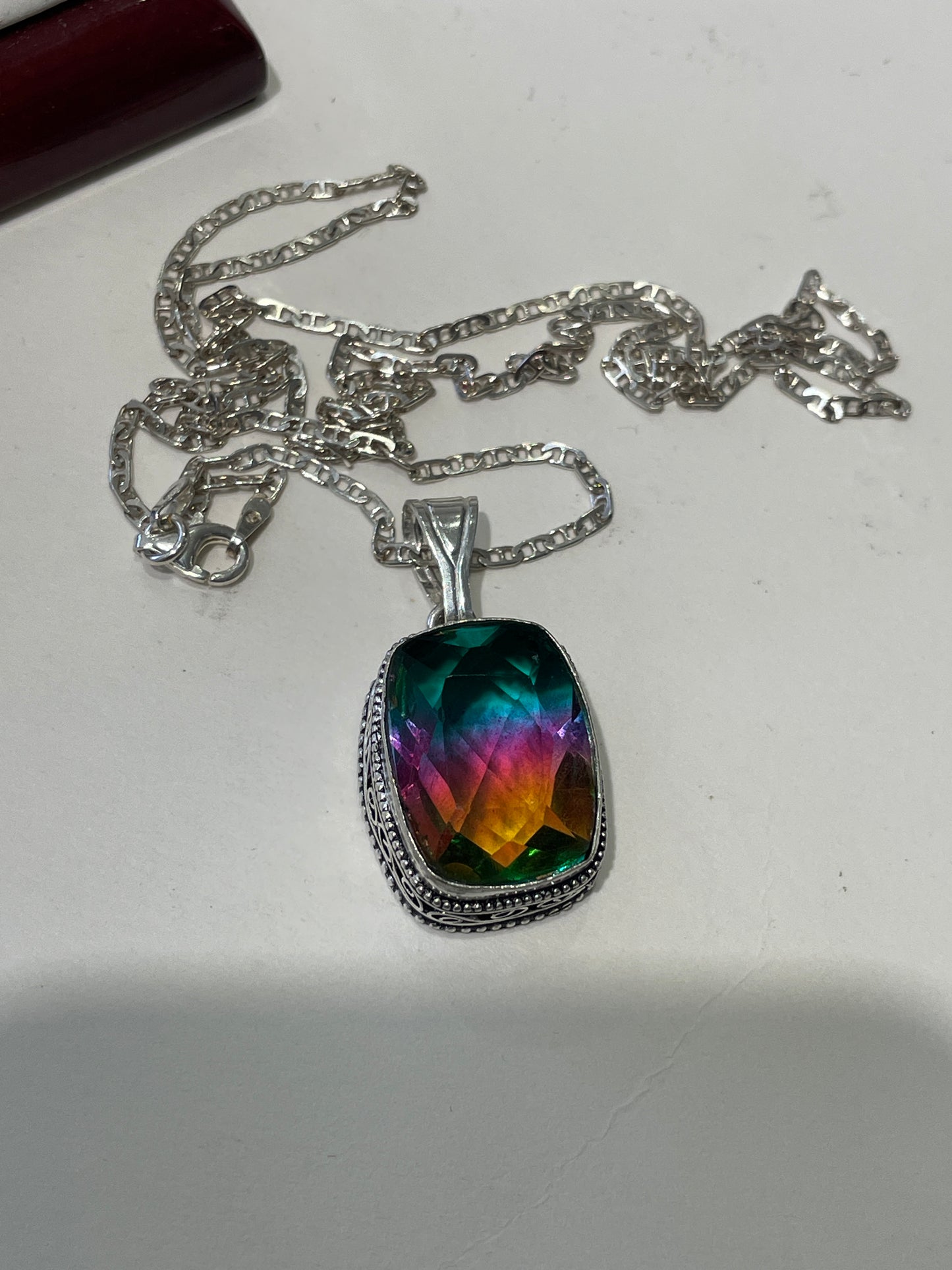925 Sterling Silver Large Cushion Cut Rainbow Bi-Quartz Necklace