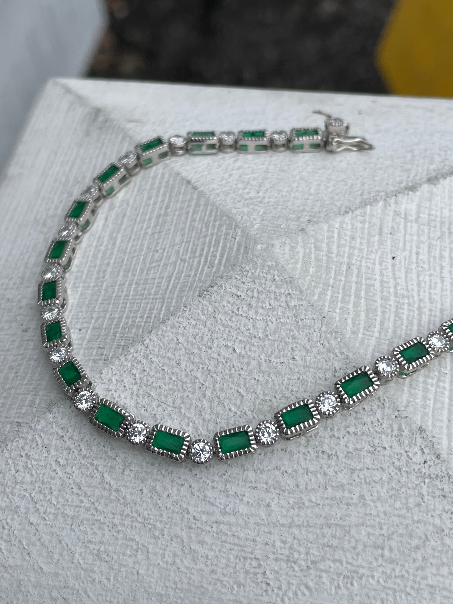 925 Sterling Silver Simulated Emerald & Cz Tennis Bracelet
