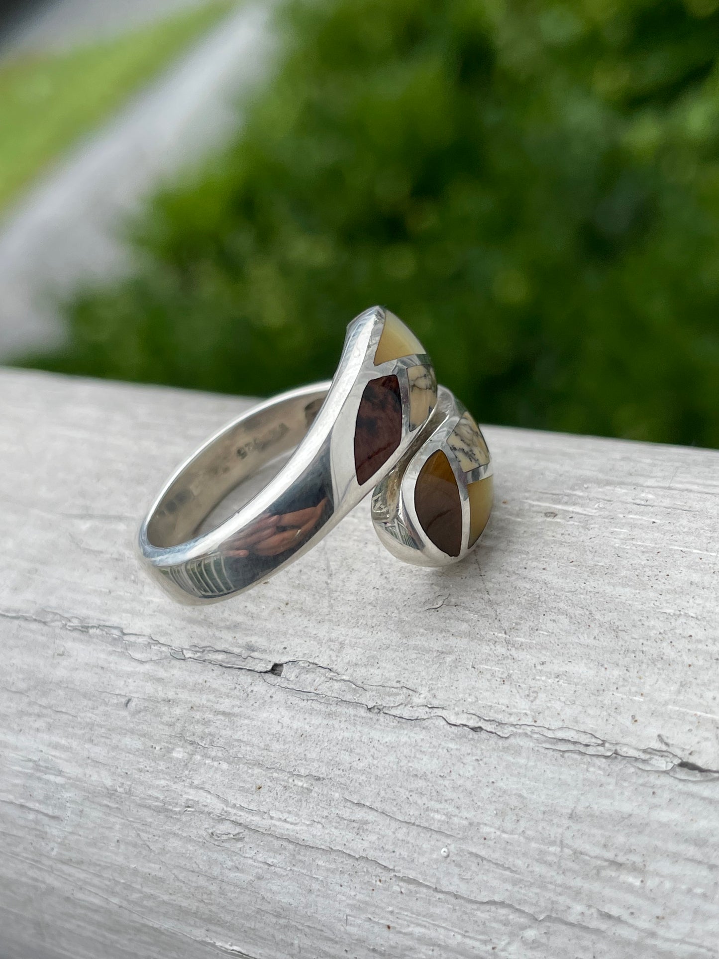 925 Sterling Silver Multi-Stone Inlay Bypass Ring sz 9