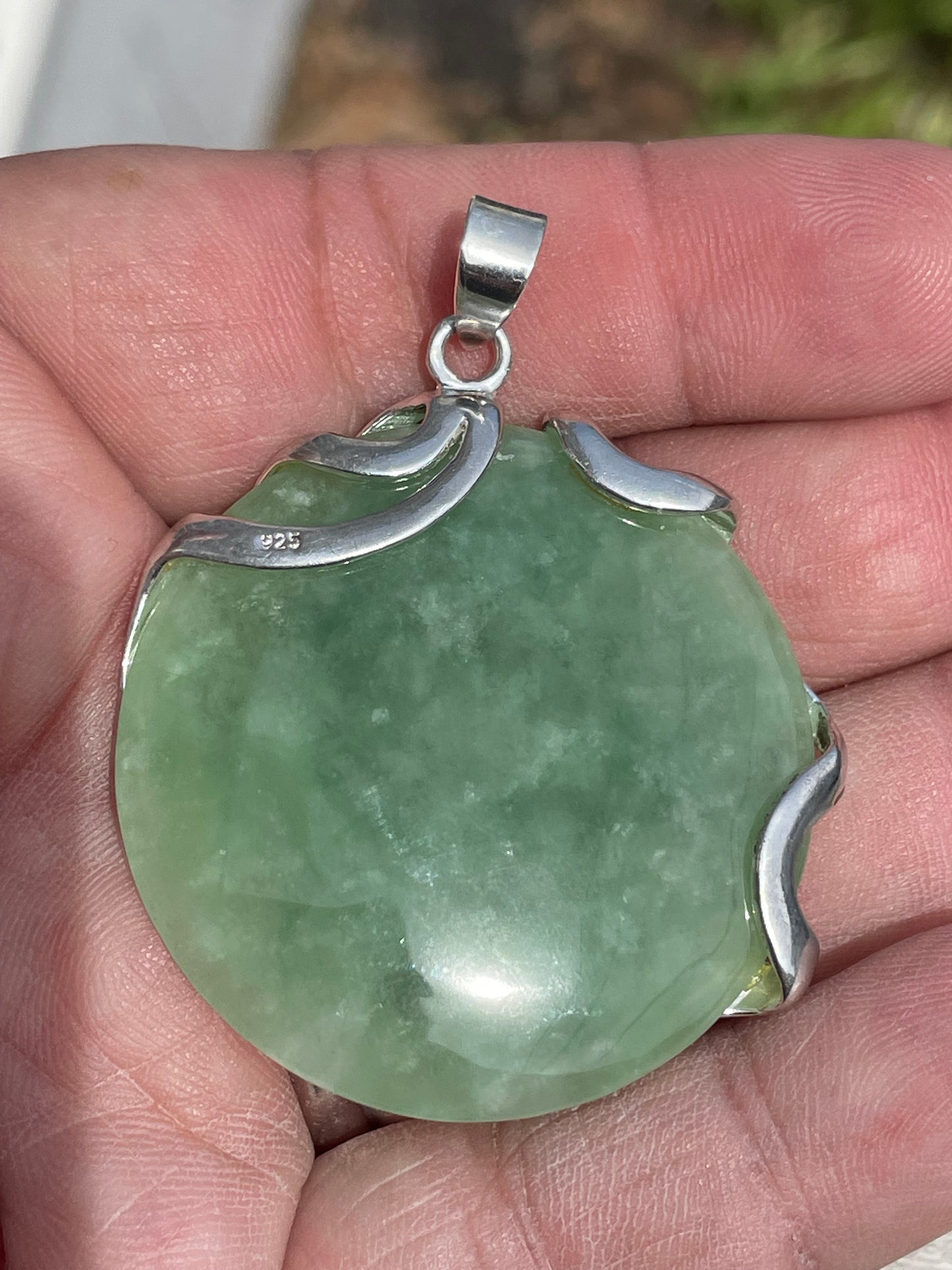 925 Sterling Silver Natural Jade Heavy Stone Disc Pendant
