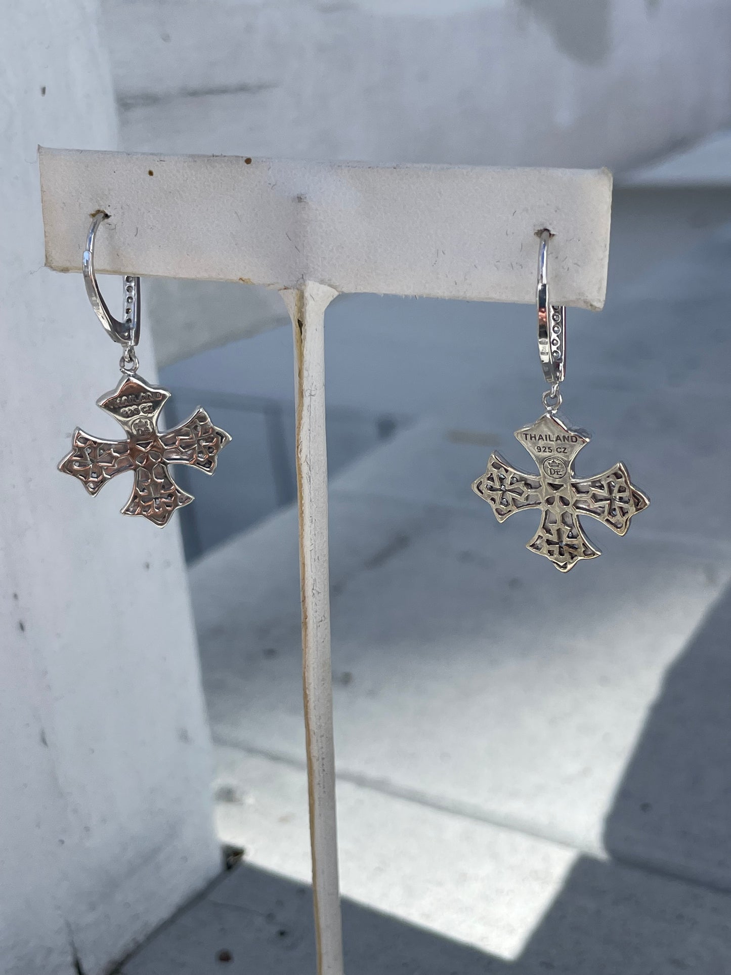 925 Sterling Silver Sparkling Iron Cross Dangle Earrings Signed DE