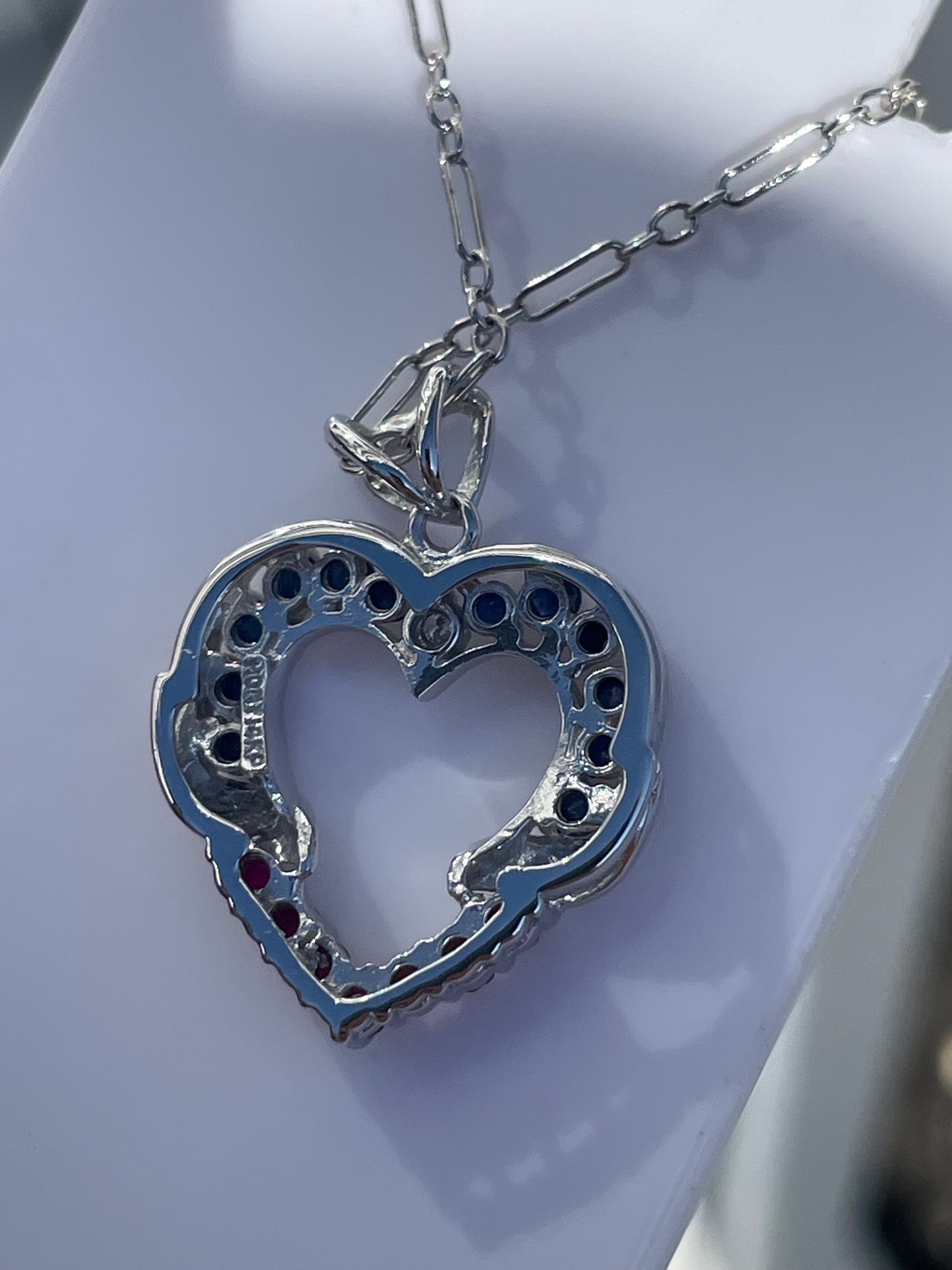 14k White Gold Natural Sapphire Ruby & Diamond Open Heart Necklace