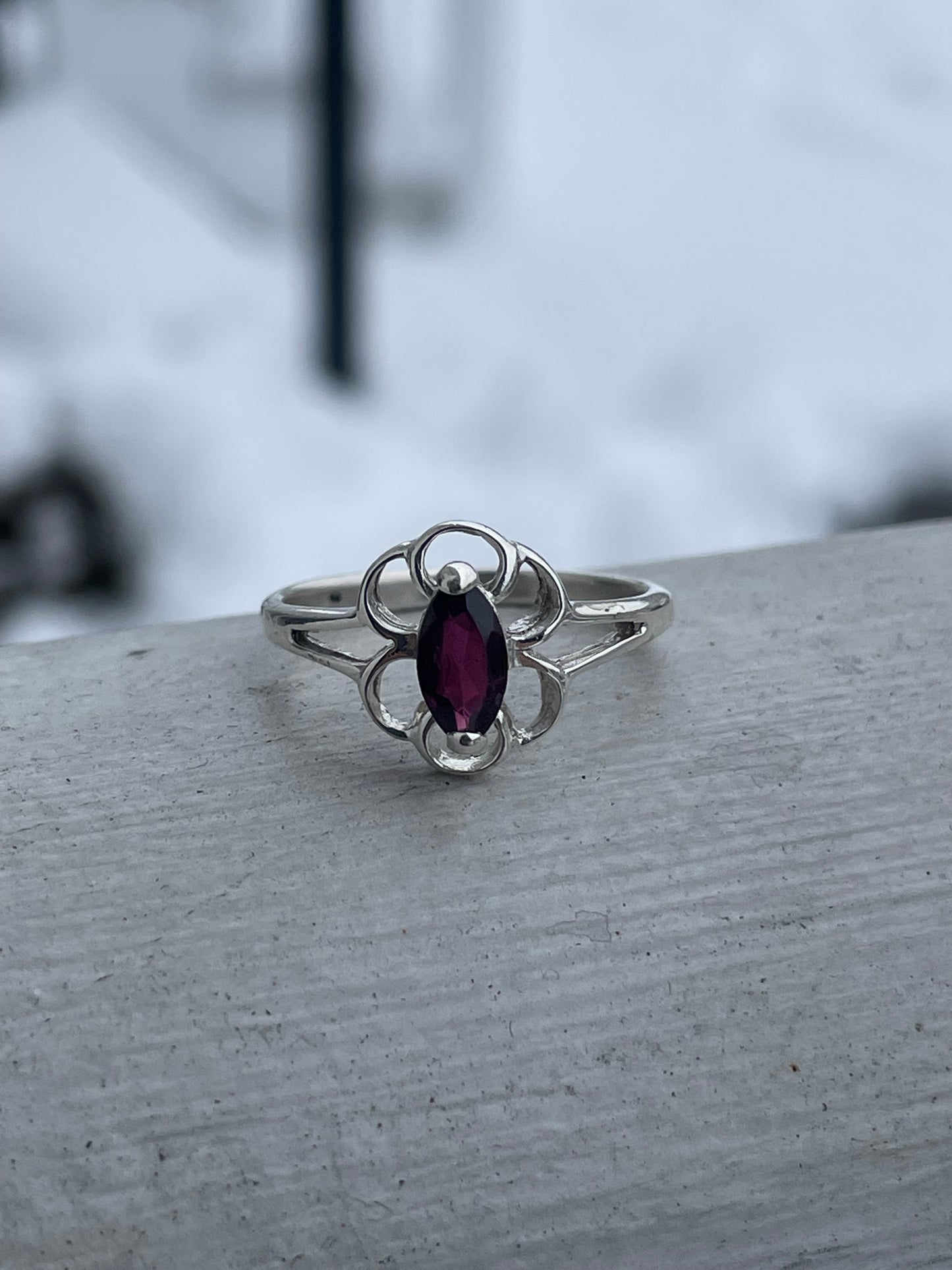 925 Sterling Silver Solitaire Marquise Cut Rhodolite Garnet Ring Size 8