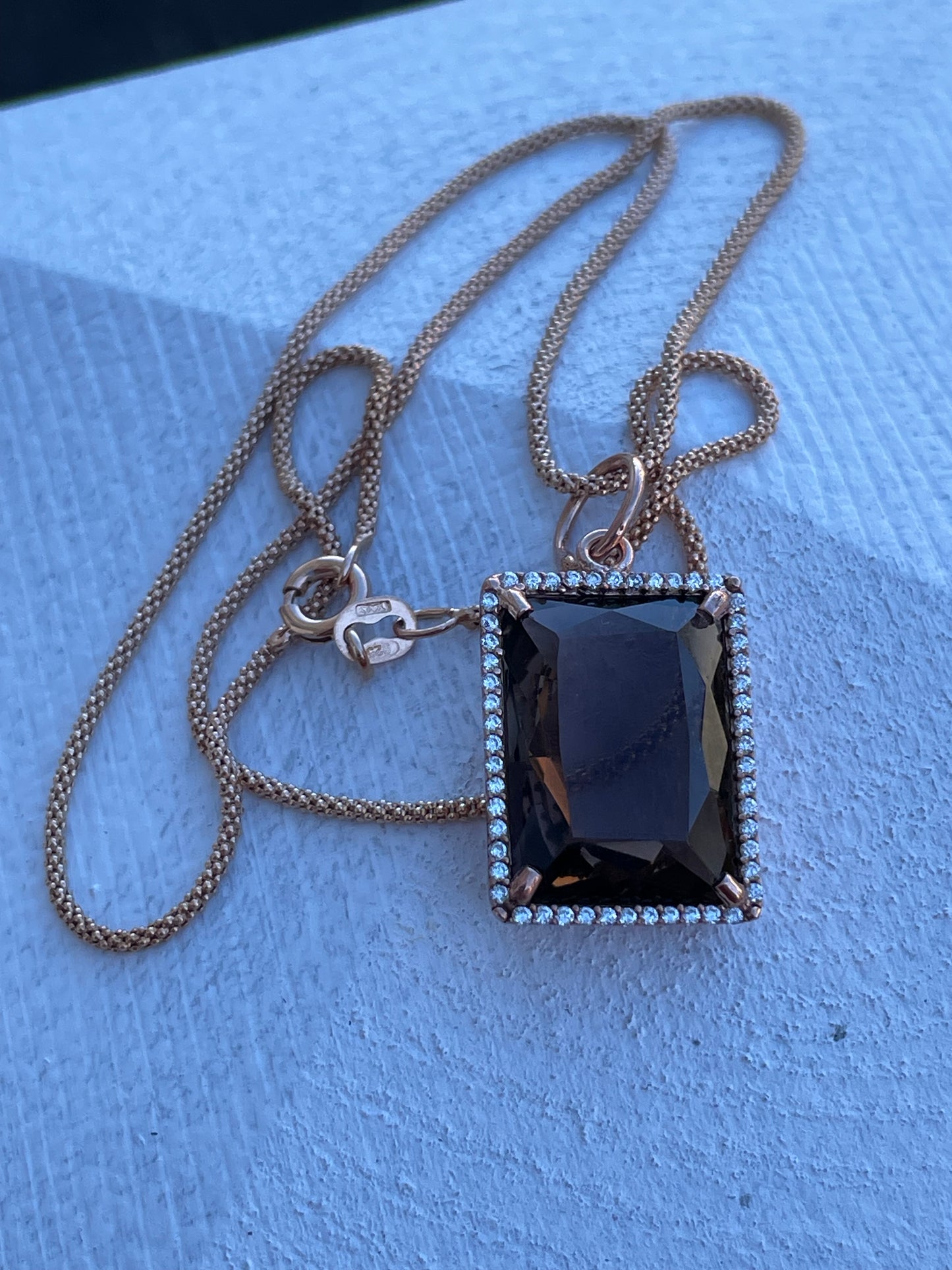 925 Sterling Silver Rose Vermeil Rectangle Smoky Quartz Necklace