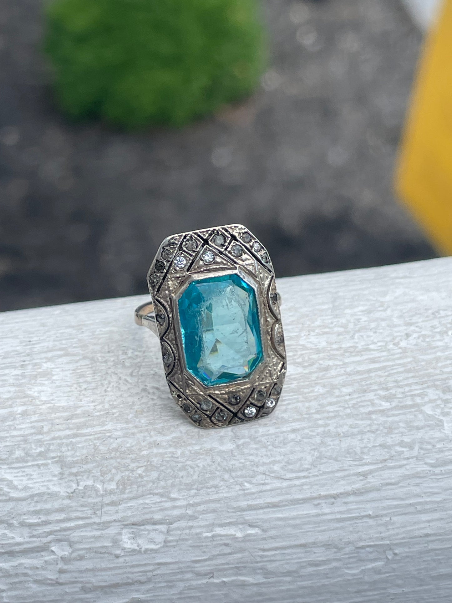 925 Sterling Silver Antique Blue Topaz & Marcasite Art Deco Ring