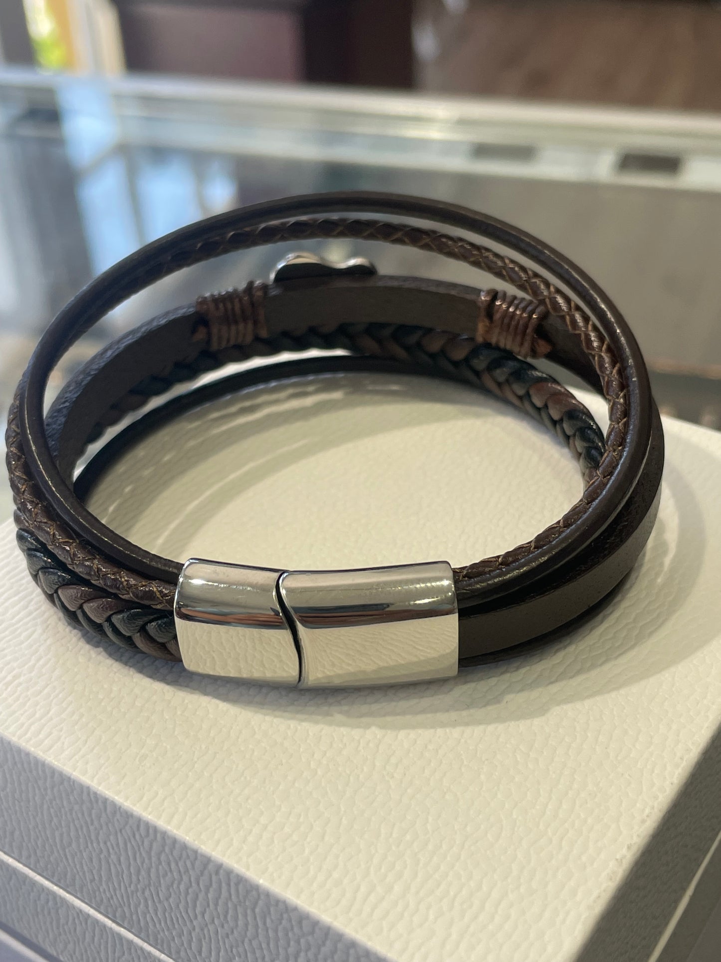 Stainless Steel & Brown Leather Multi strand guitar bracelet 7.5”
