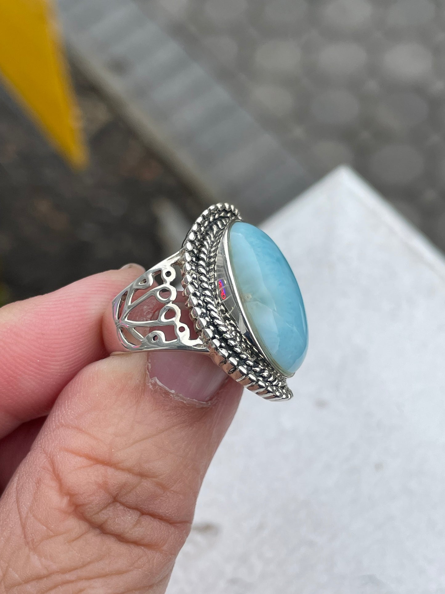 Designer CFJ Collins Fine Jewelry Curved Oval Natural Larimar 925 Sterling Silver Ring Size 7
