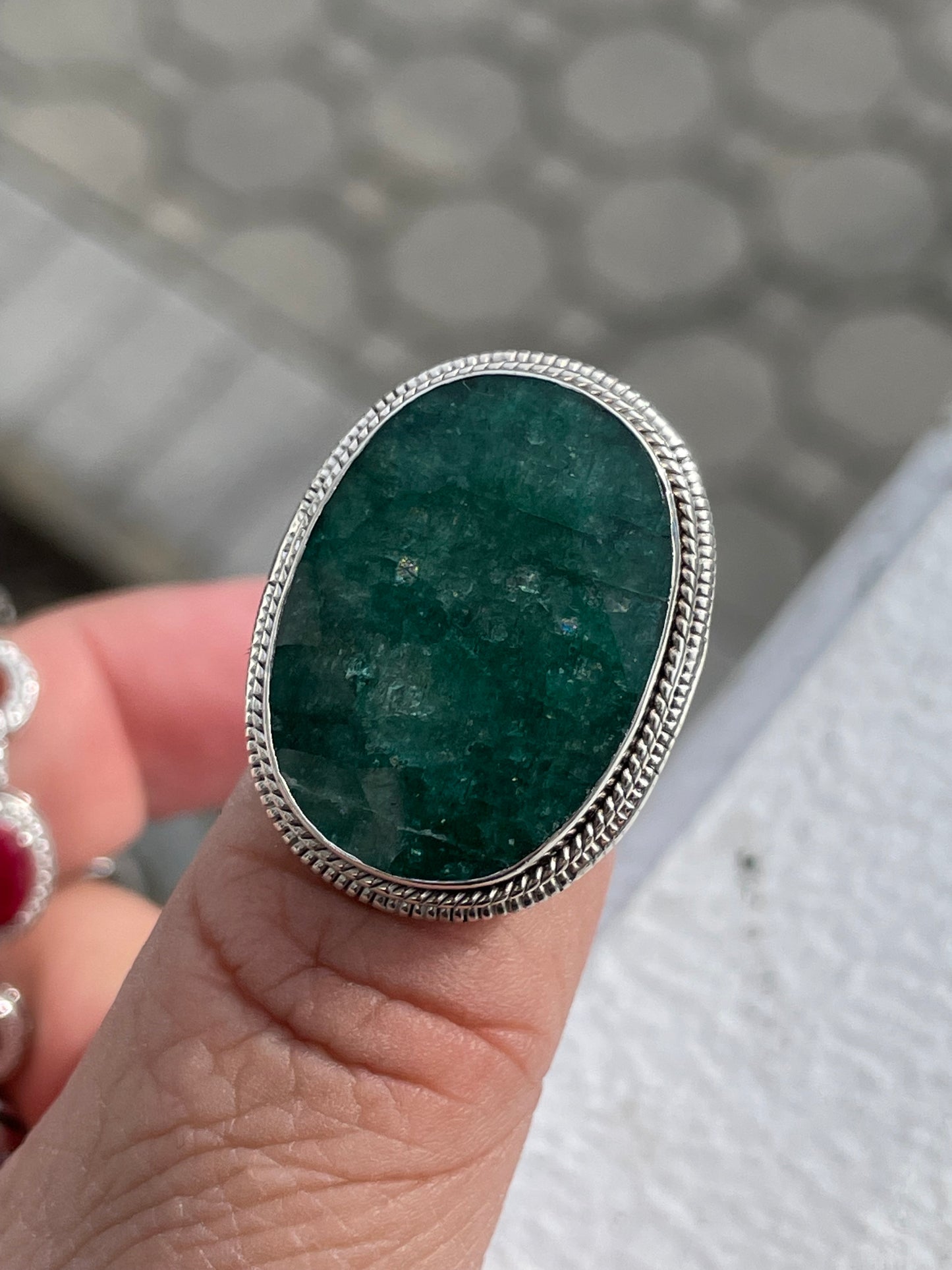 925 Sterling Silver Large 20.0ct Natural Oval Emerald Statement Ring Size 6