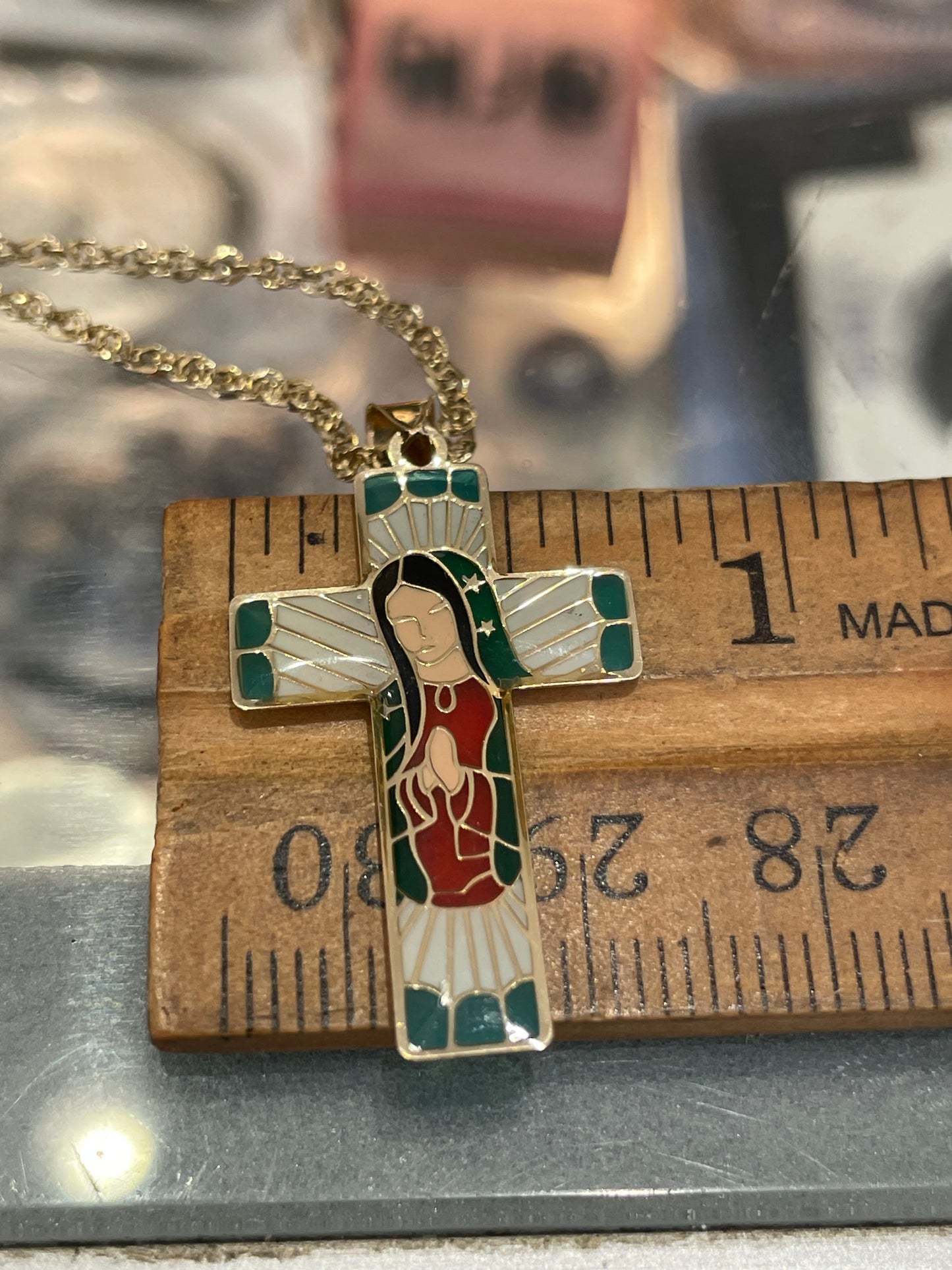 14k Gold Enameled Mother Mary Cross Necklace