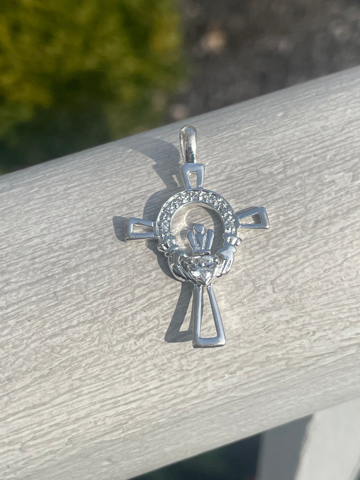 925 Sterling Silver Sparkling Irish Claddagh Celtic Cross Pendant