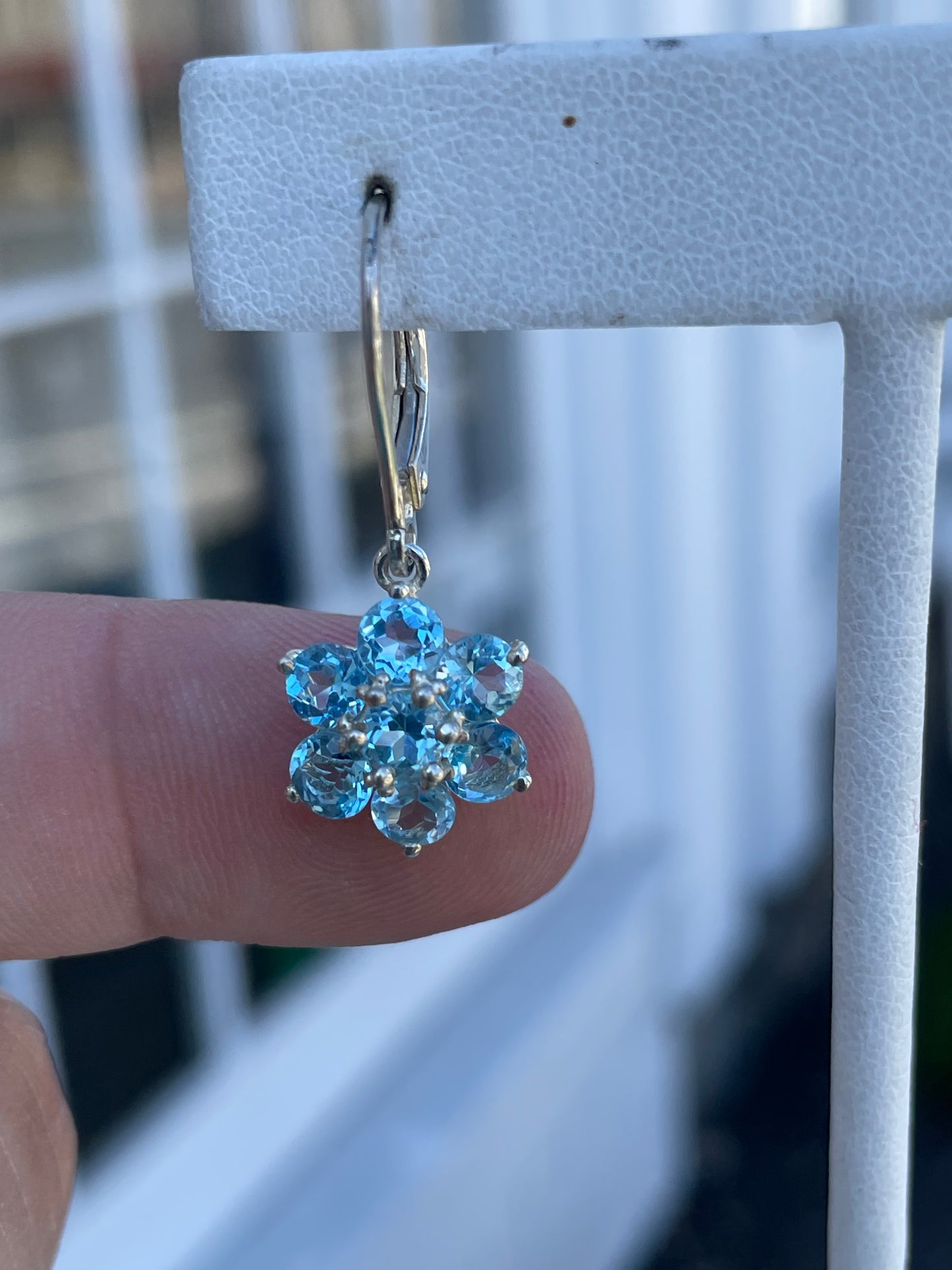 925 Sterling Silver Blue Topaz Dangle Flower Earrings