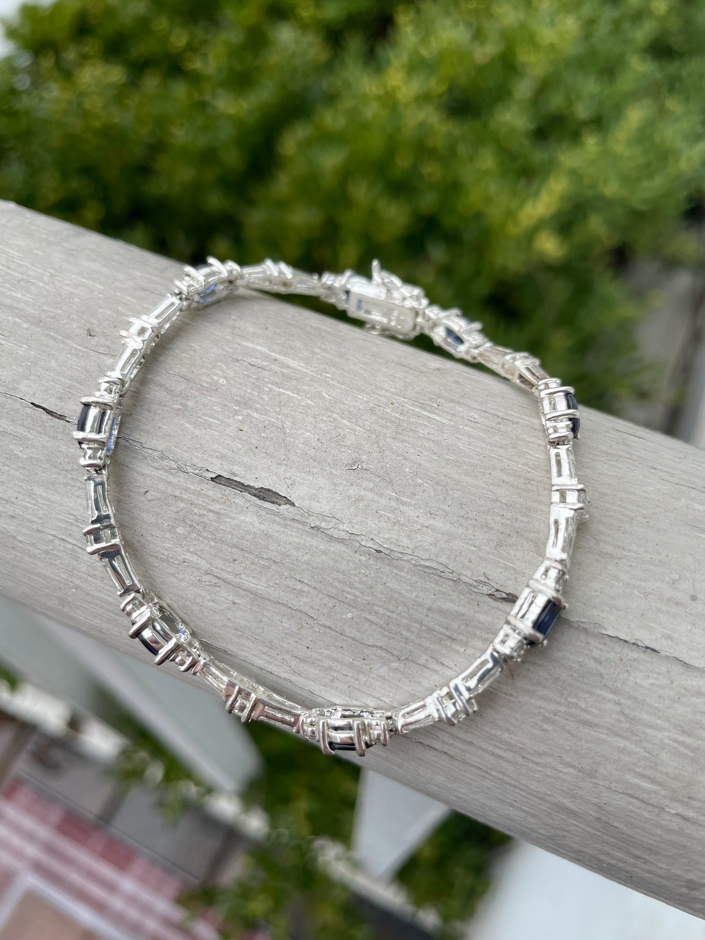 925 Sterling Silver Synthetic Sapphire & Clear Zirconia Tennis Bracelet