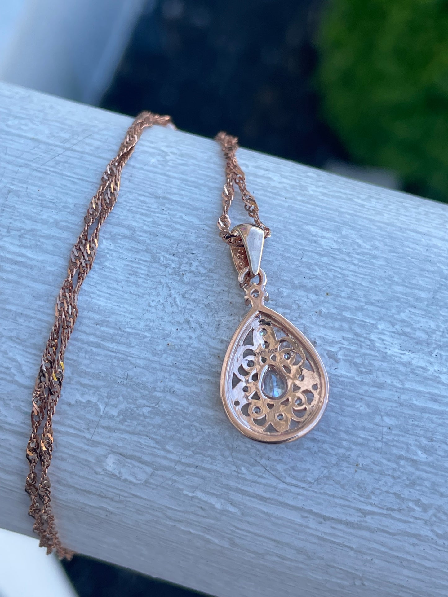 925 Sterling Silver Rose Vermeil Cz Cluster Teardrop Necklace 20”