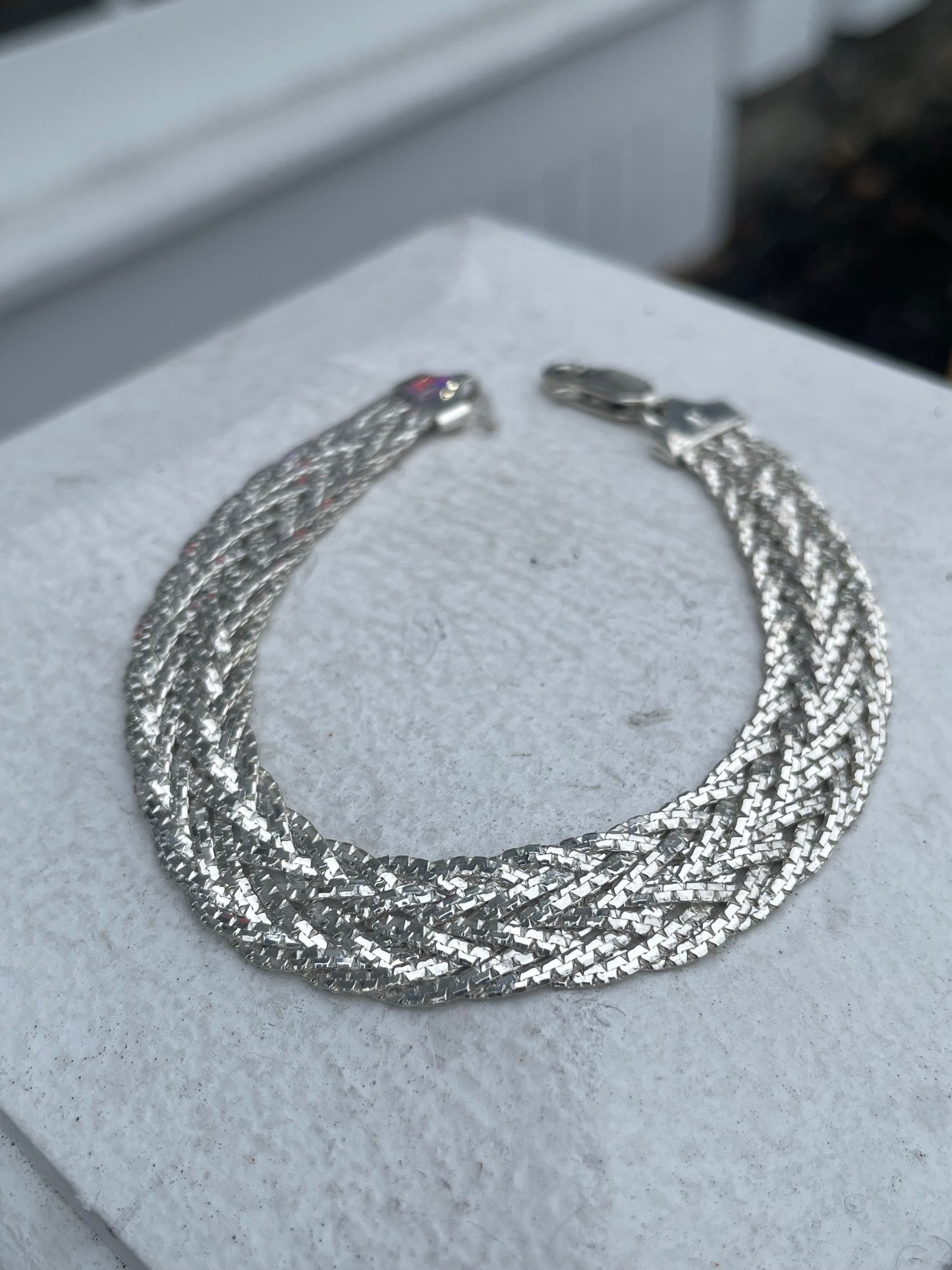 925 Sterling Silver 8-Strand Diamond Cut Flat Braided Bracelet 7”