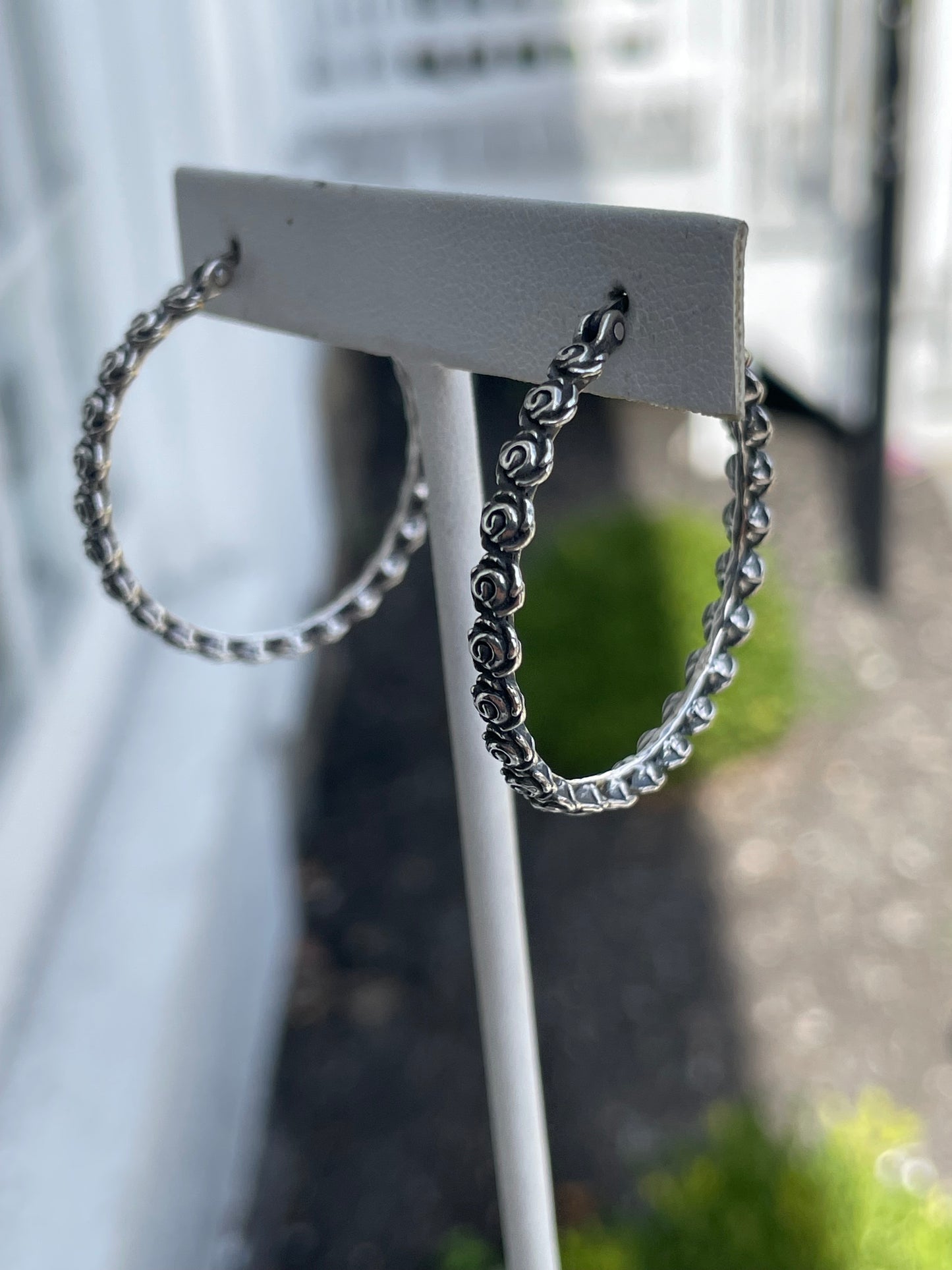 Designer Paz 925 Sterling Silver Row of Roses Hoop Earrings