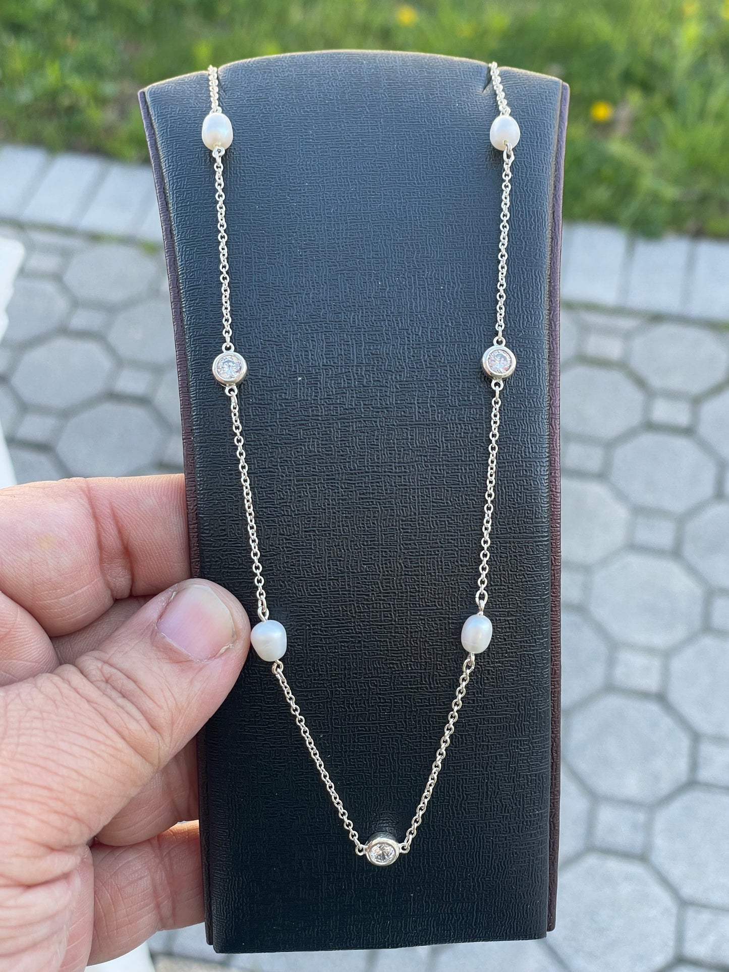 925 Sterling Silver CZ & Pearl Station Necklace 16”