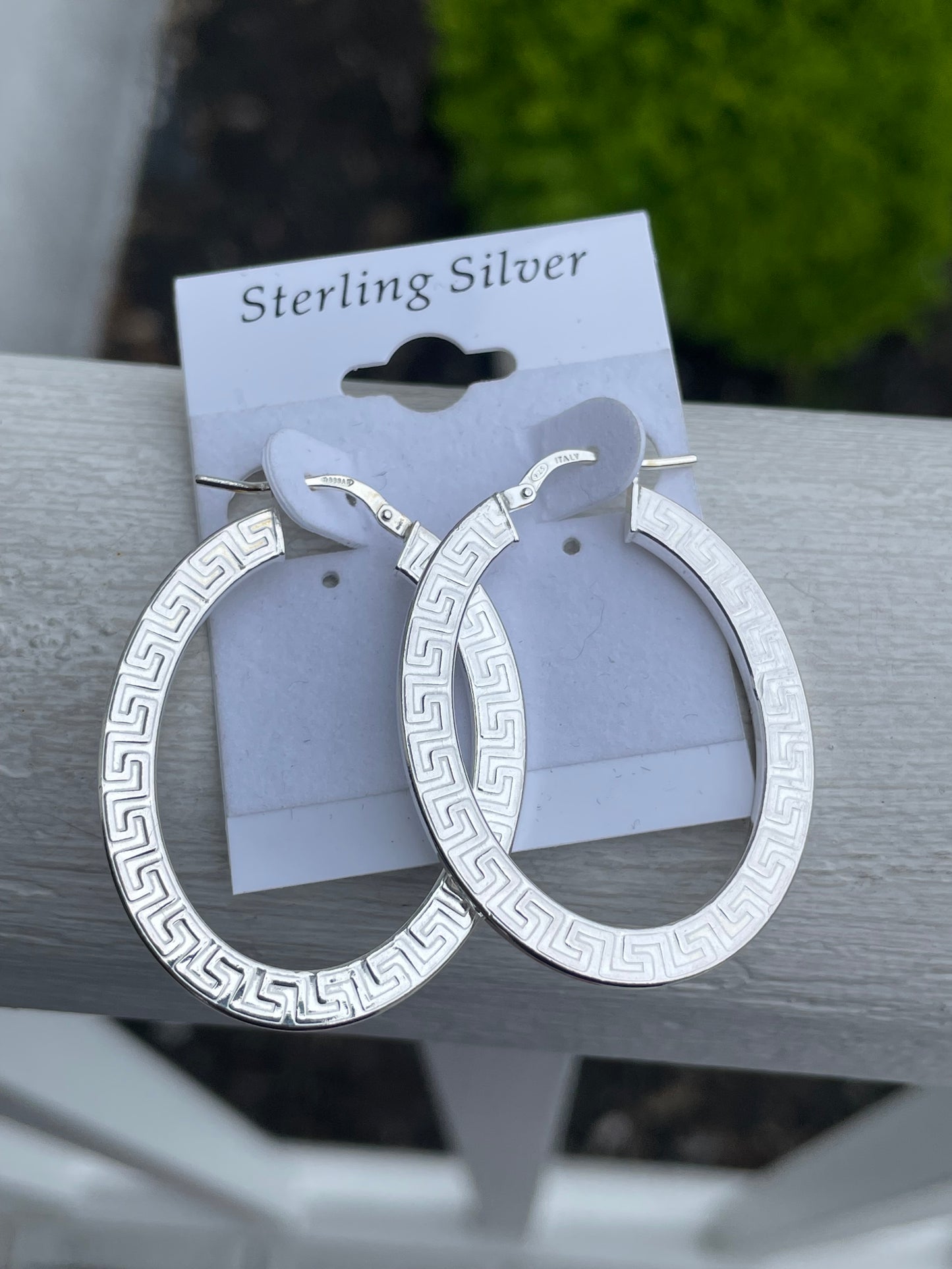 925 Sterling Silver Greek Key Oval Shaped Earrings