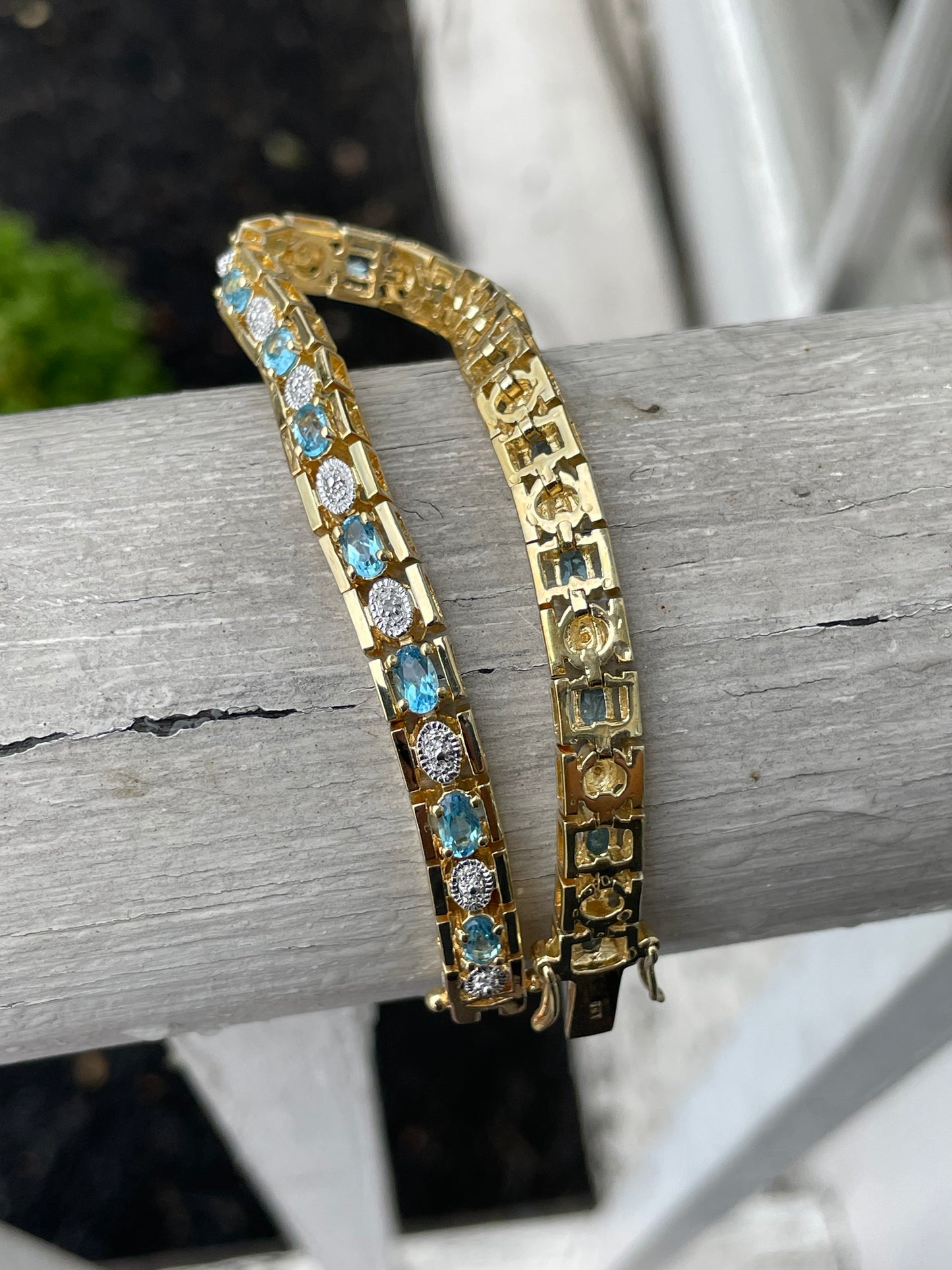 Designer JJT 925 Sterling Silver Vermeil Blue Topaz & Diamond Tennis Bracelet