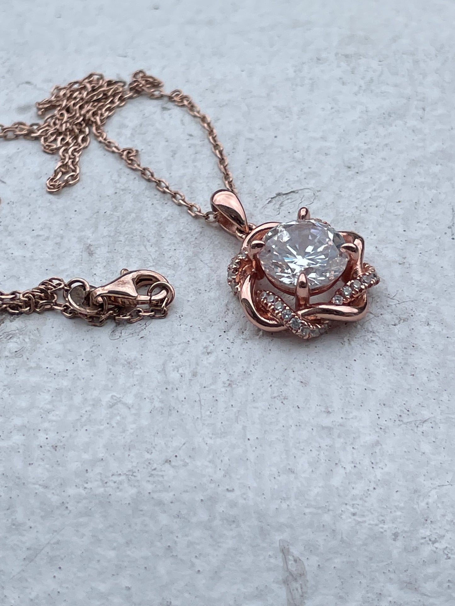 925 Sterling Silver Rose Vermeil Large Zirconia Statement Necklace 18”