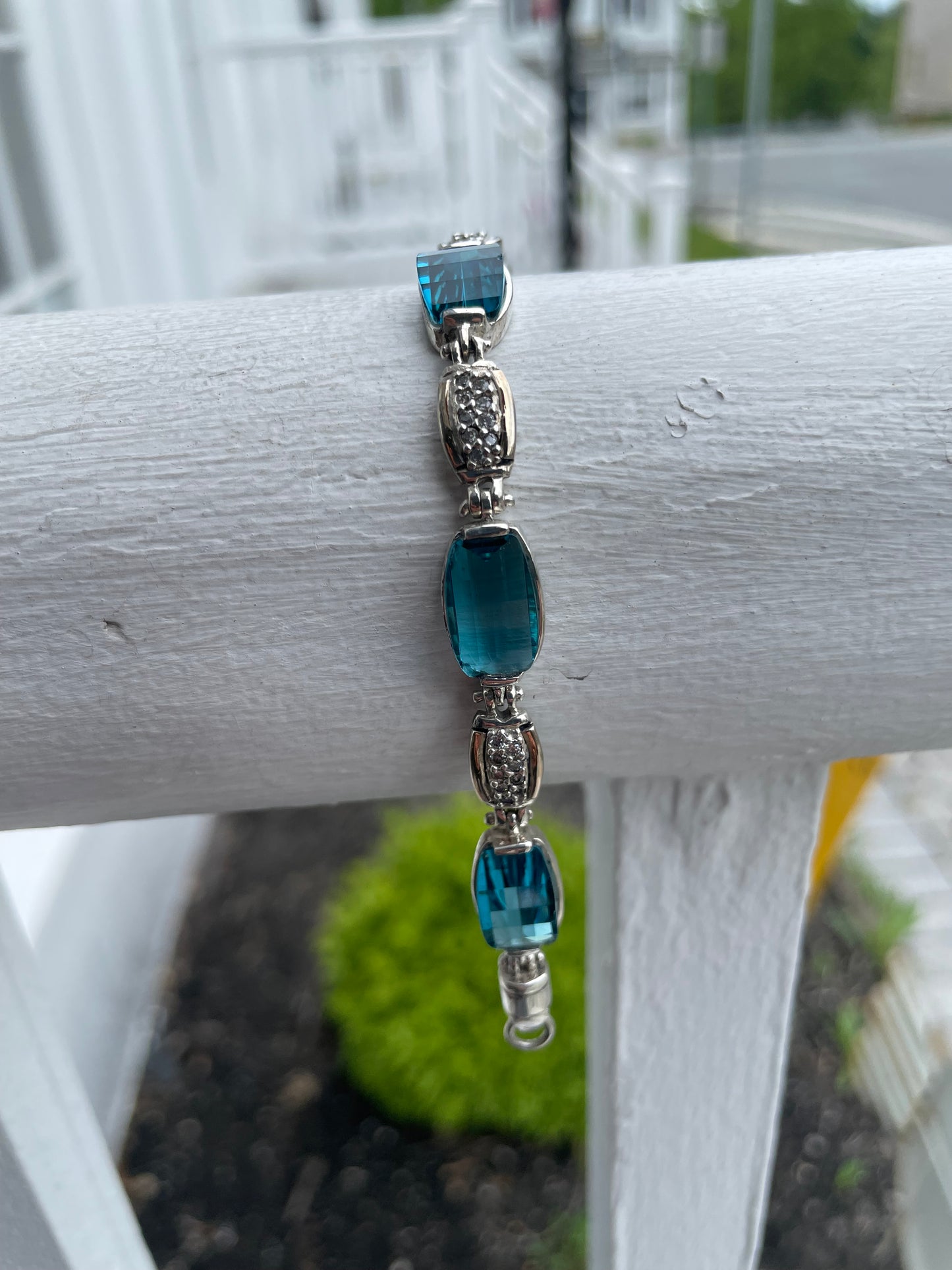 925 Sterling Silver Prussian London Blue Topaz & Zirconia Tennis Bracelet 7.5”