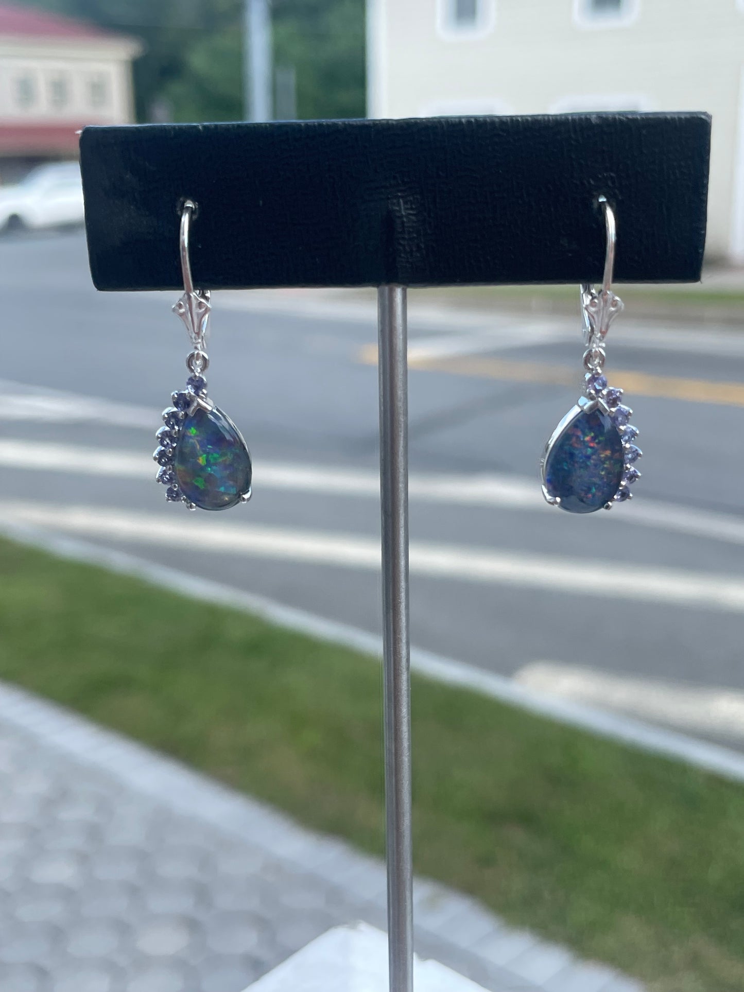 925 Sterling Silver Synthetic Blue Opal & Tanzanite Dangle Earrings