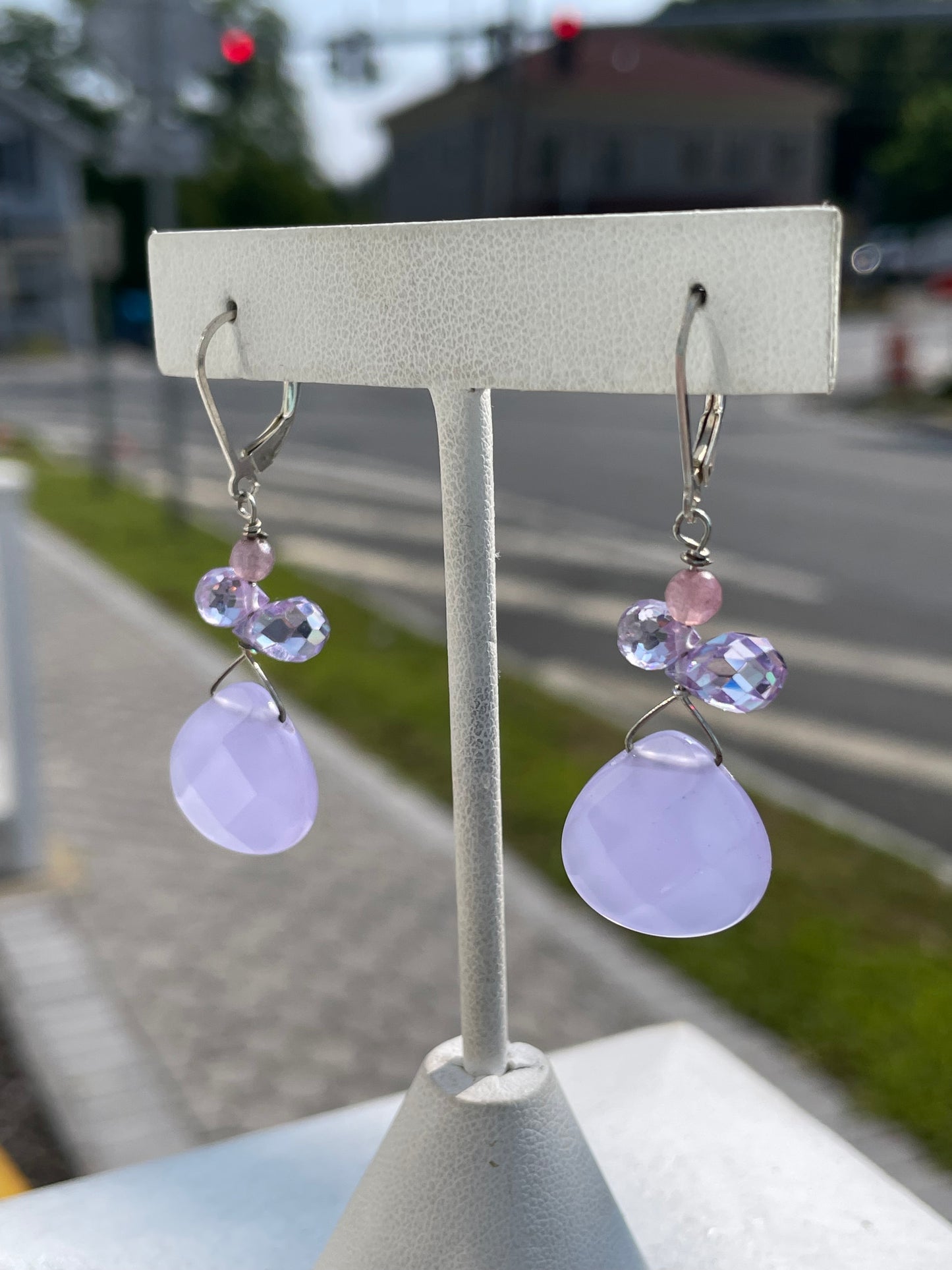 925 Sterling Silver Lavender Crystal Cluster Dangle Earrings