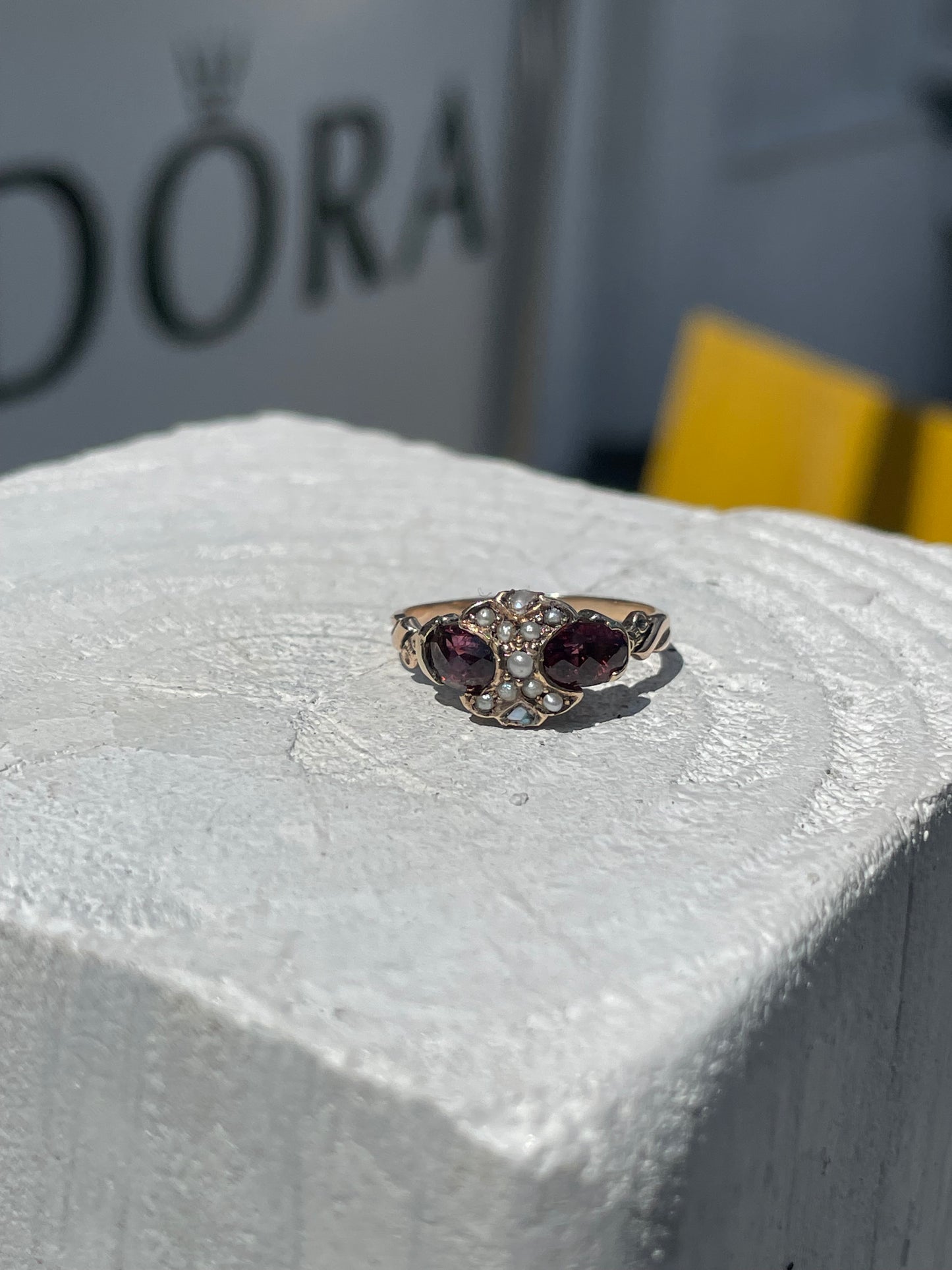 10k Gold Antique Rhodolite Garnet & Southwest India Pearl Cluster Ring