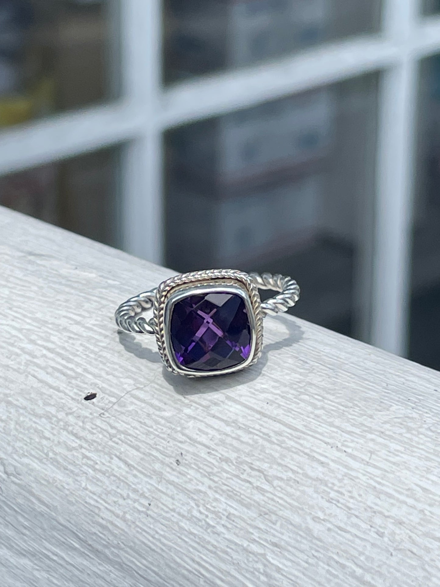 925 Sterling Silver Cushion Cut Amethyst Cable Band Ring Size 9