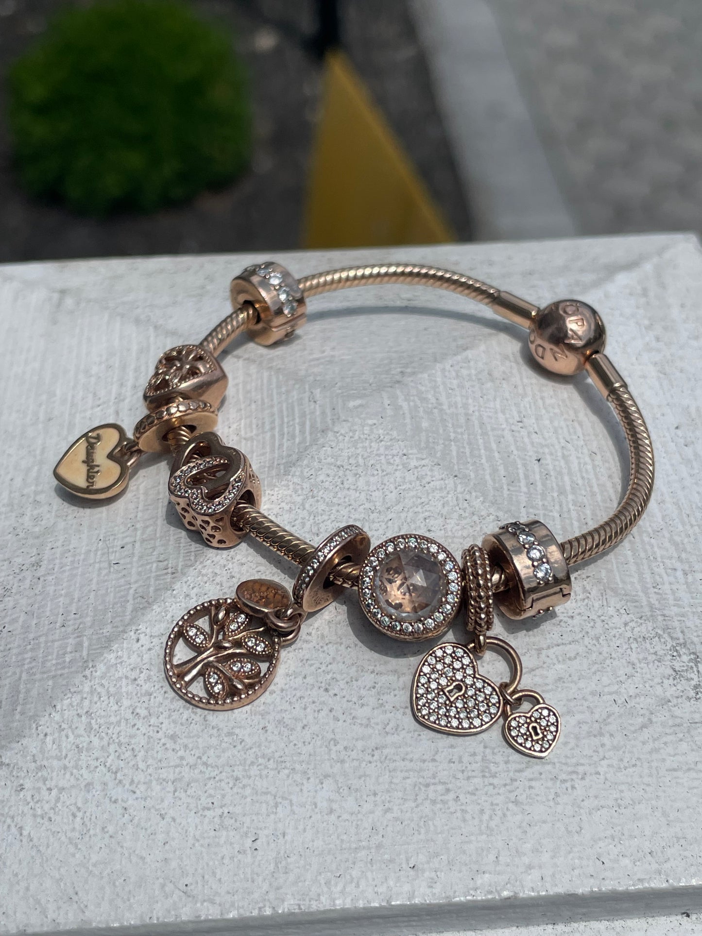 Preowned Pandora Rose Gold 7.5” Bracelet With Charms