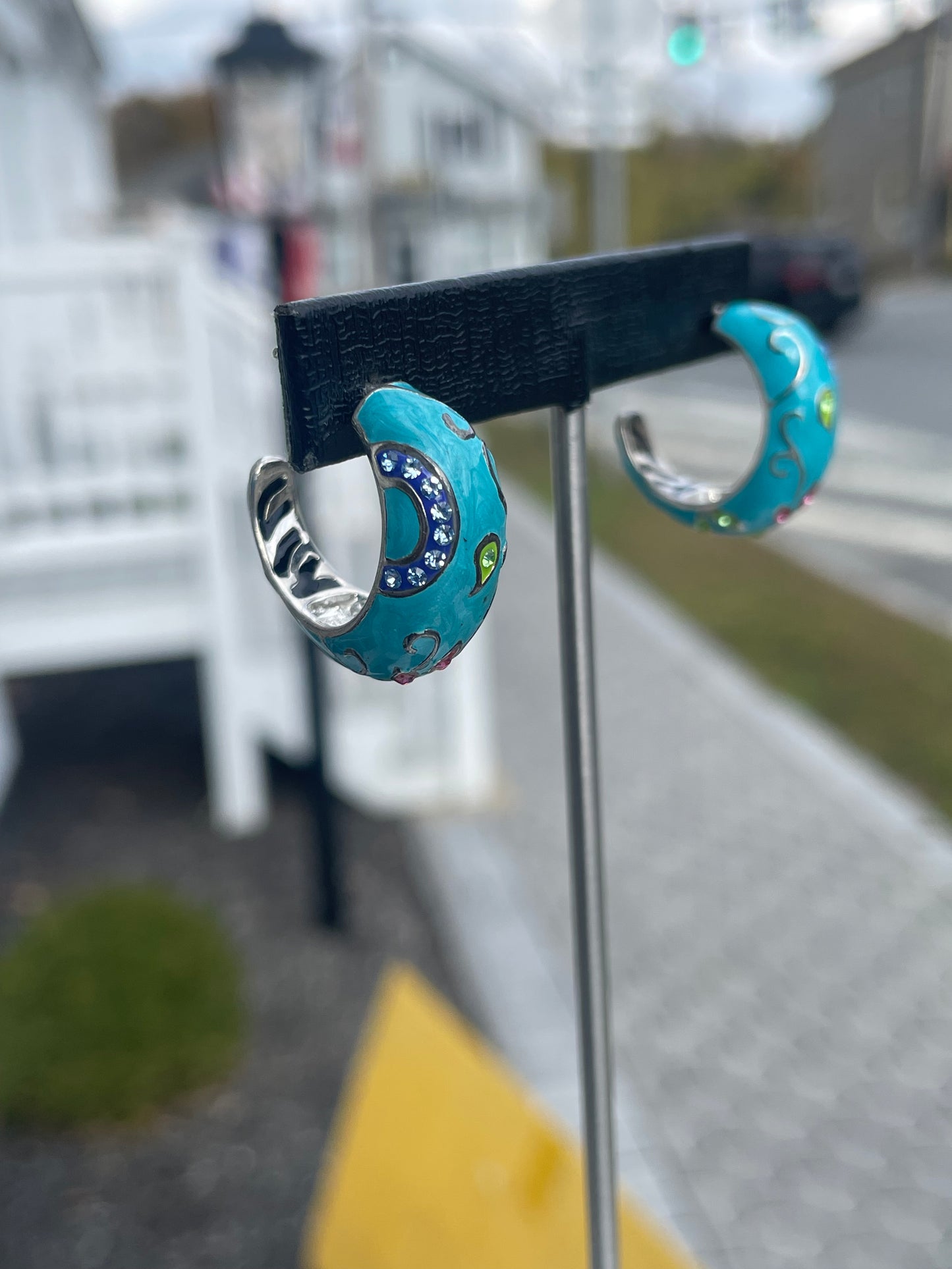 Designer David Sigal Decorative Blue Enamel 3/4 Hoop Earrings